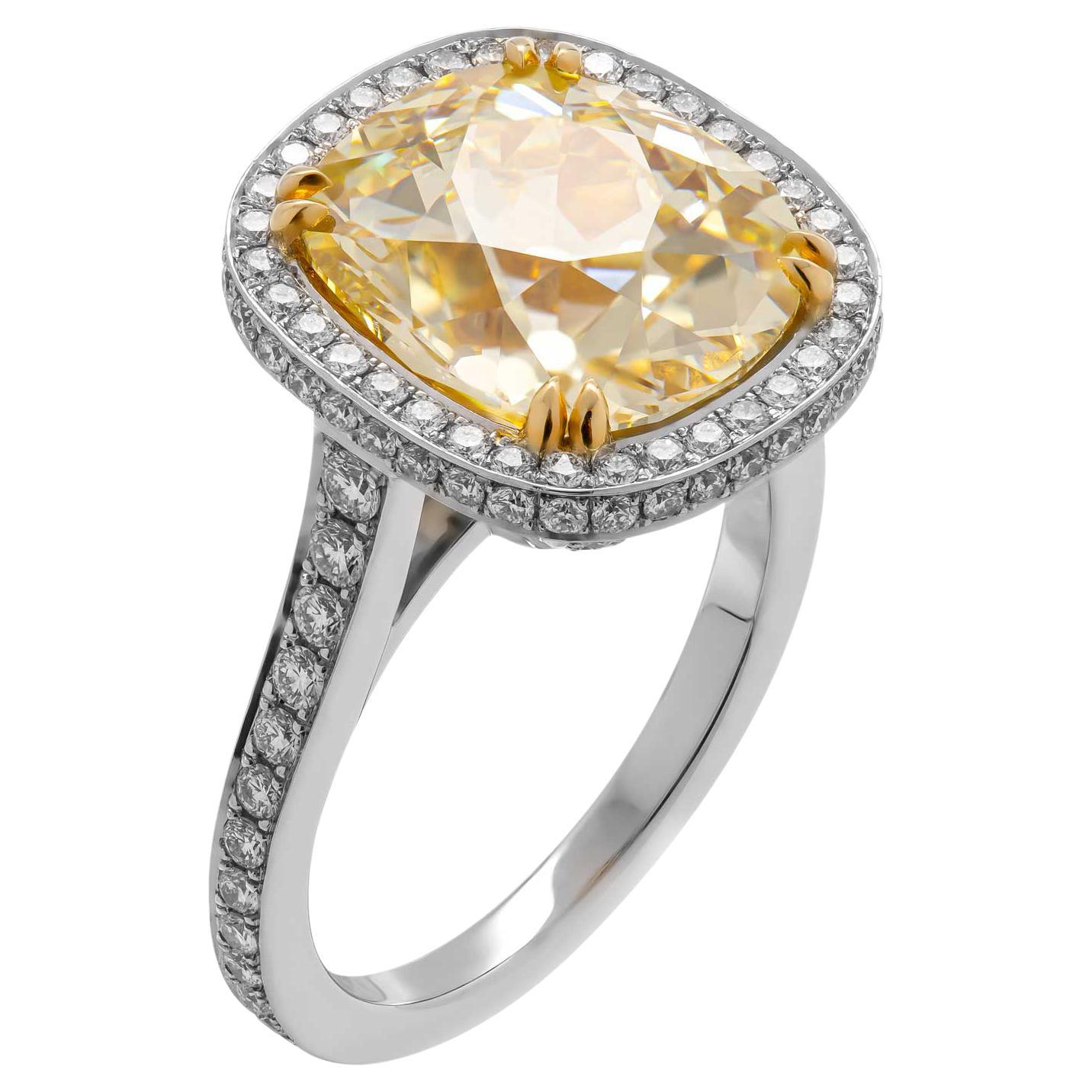 GIA Certified Platinum Ring with 6.53 Fancy Yellow SI2 Carat Old Miner Brilliant For Sale