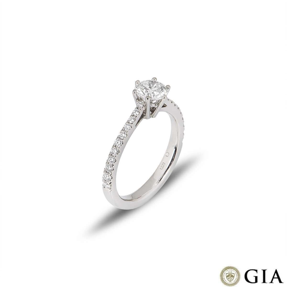A beautiful diamond ring in platinum. The round brilliant cut diamond is set within 6 claws and weighs 0.64ct, is F colour and VS1 in clarity. The diamond scores an excellent rating in all three aspects for cut, polish and symmetry - this is known