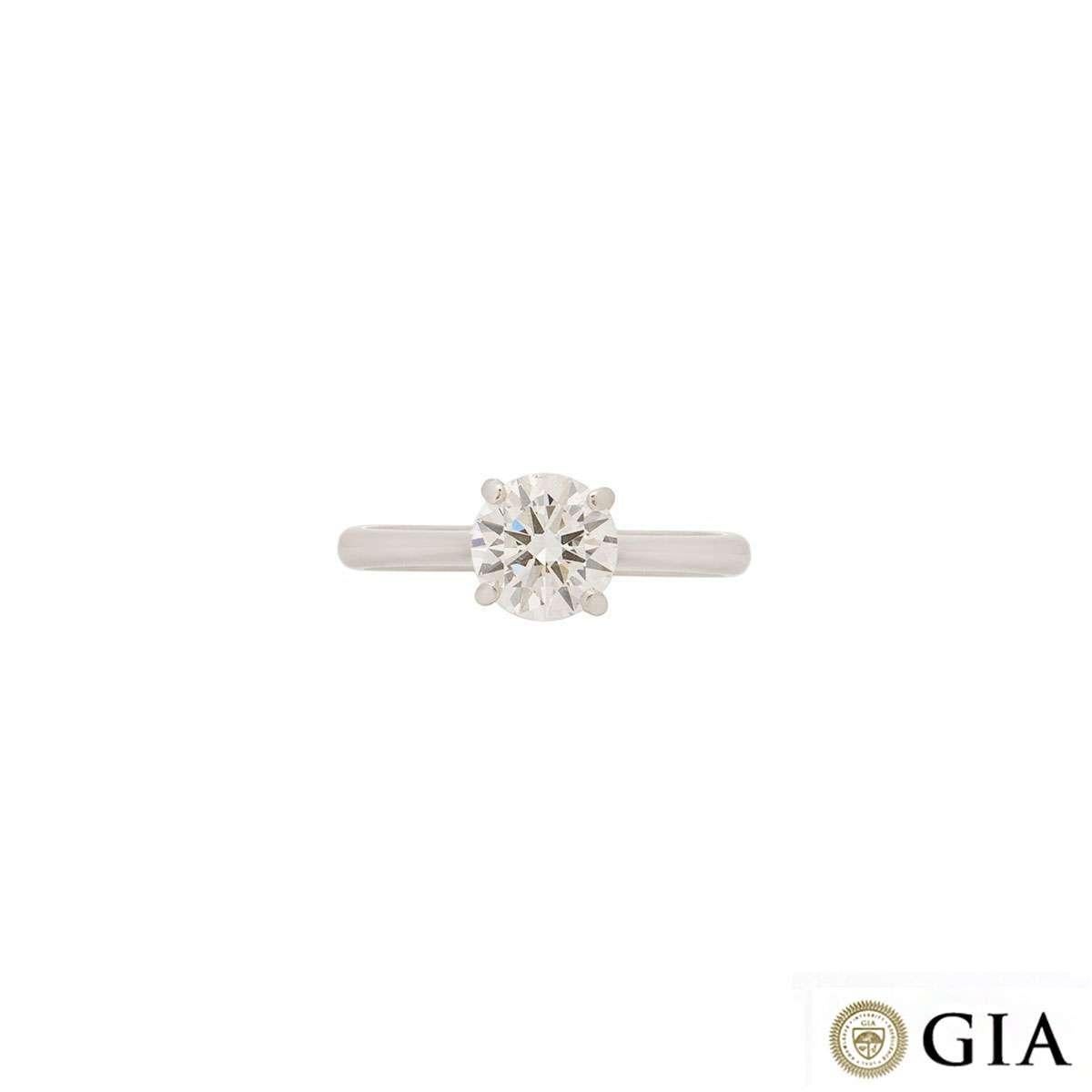 A stunning platinum diamond solitaire engagement ring. The ring comprises of a round brilliant cut diamond in a four claw setting with a weight of 1.23ct, F colour and SI1 in clarity. The ring is currently a size UK L, EU 51 and US 5¾ but can