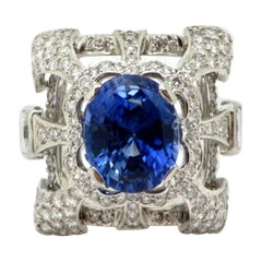 GIA Certified Platinum Sapphire and Diamond Fashion Statement Ring