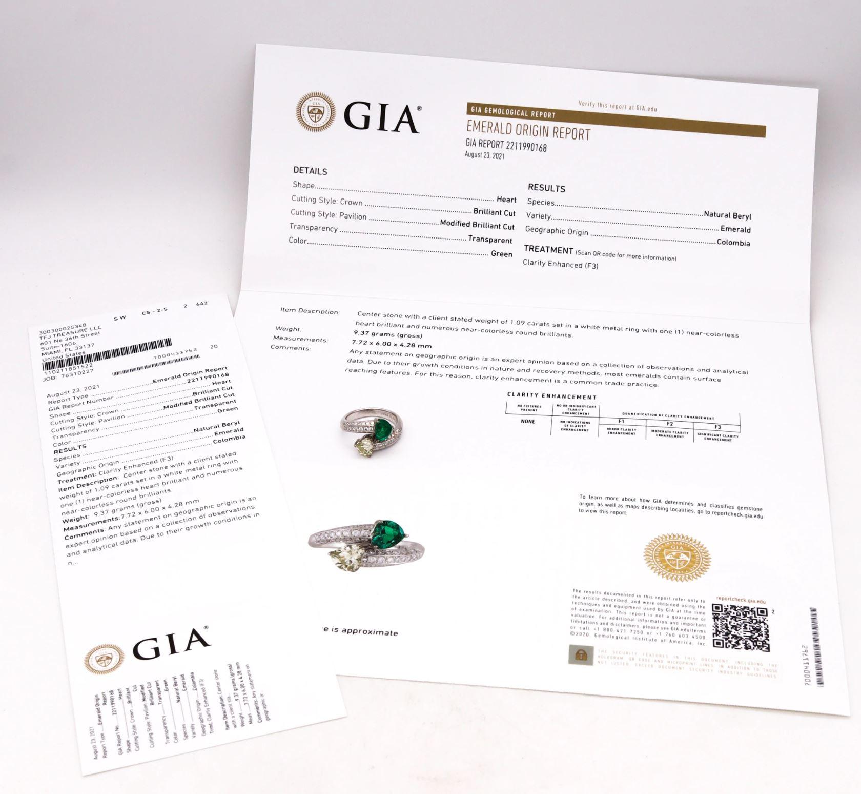Gia Certified Platinum Toi Et Moi Ring with 2.81 Ctw Colombian Emerald & Diamond For Sale 4