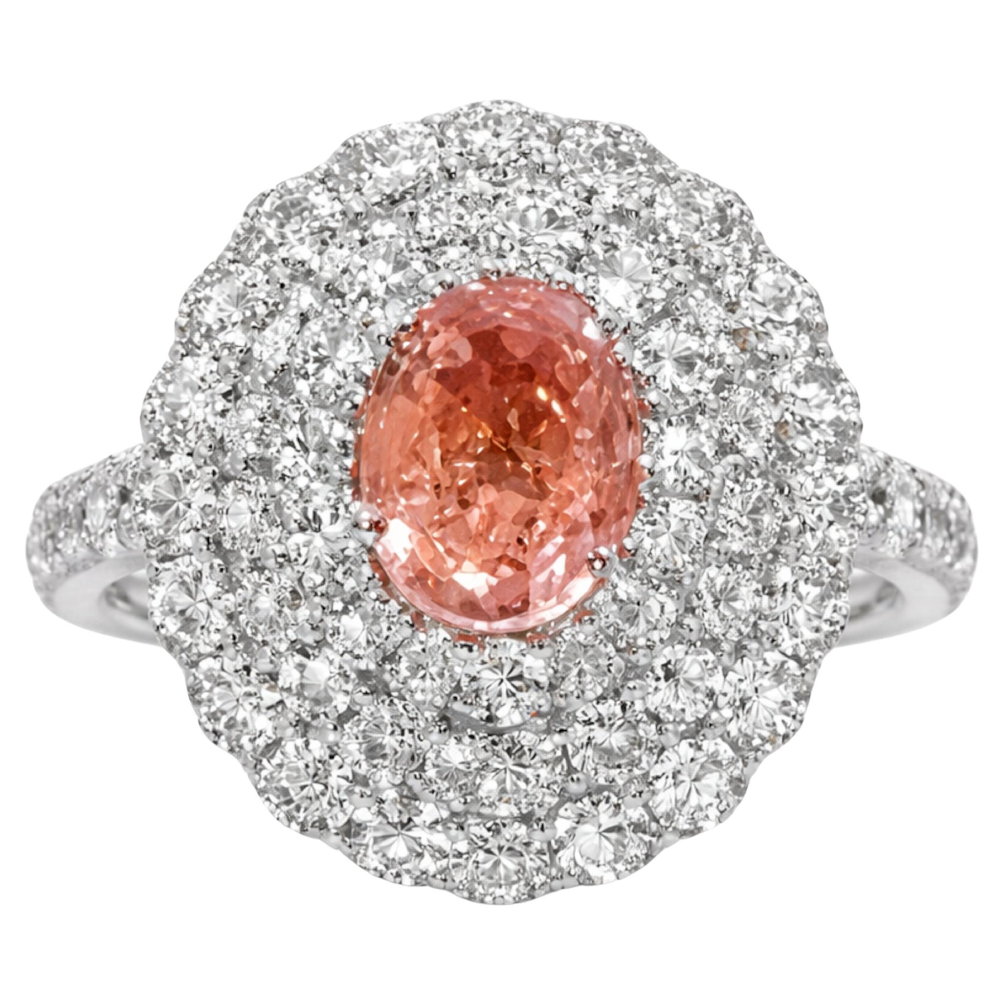 GIA-zertifizierter Platinring mit pink-orangem Saphir und Diamant im Angebot