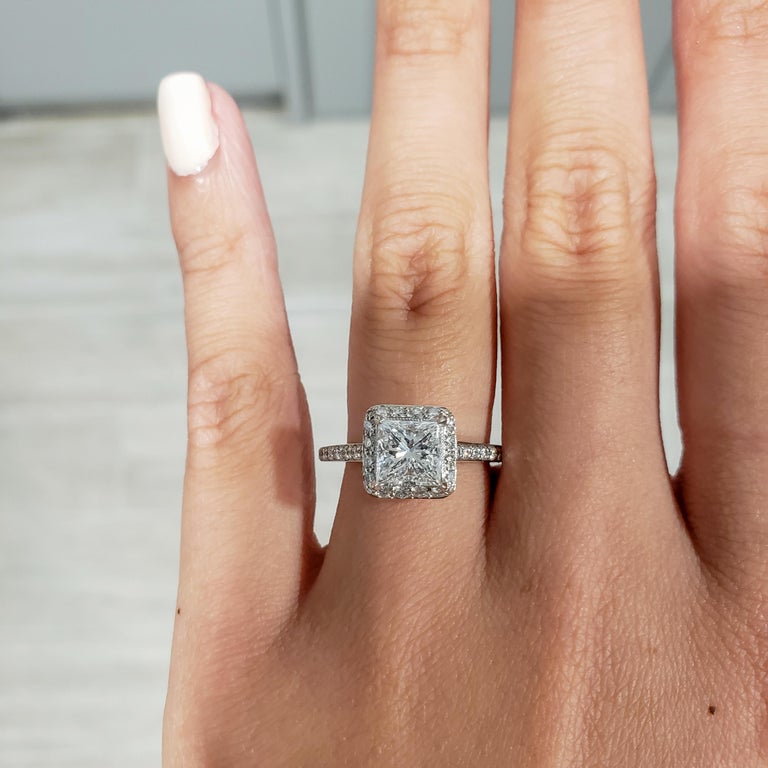 GIA Certified Princess Cut Diamond Halo Engagement Ring For Sale at 1stDibs