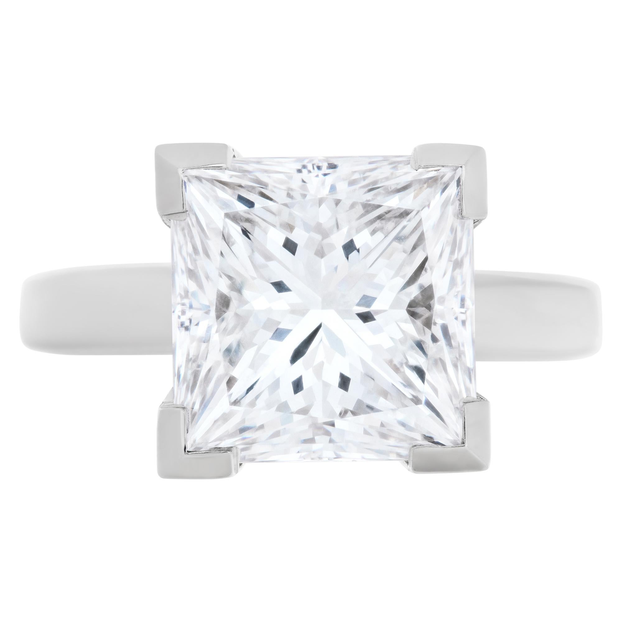 GIA certified Princess Cut (square modified brilliant cut) natural diamond 4.67 ct. F color, VS2 clarity. Solitaire ring set in platinum. 