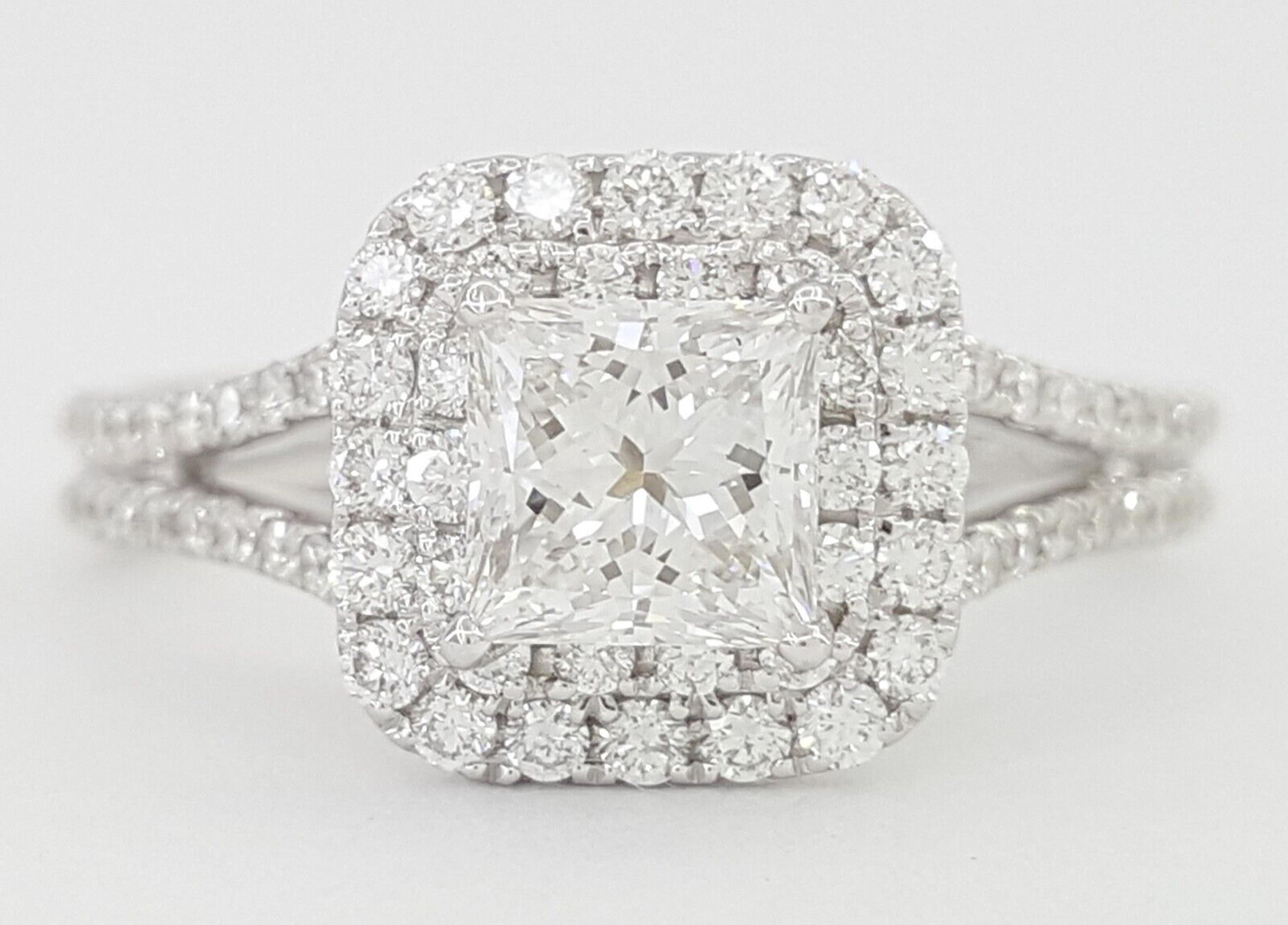  1.33 ct 14k White Gold Princess & Round Brilliant Cut Diamond Double Halo Split Shank Engagement Ring.



The ring weighs 3.9 grams, size 7, the center stone is a 0.80 ct, Ideal Cut Natural Princess Brilliant Cut diamond, E in color, VVS1 in