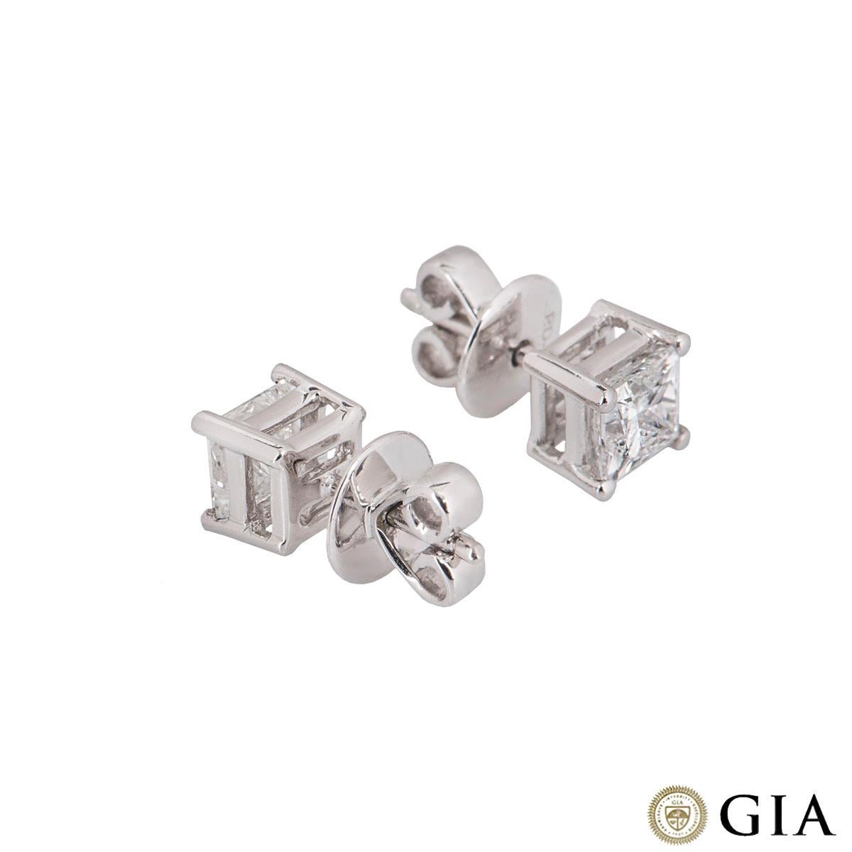 GIA Certified Princess Cut Diamond Stud Earrings Total Carats 1.42 F Color/VS1 In Excellent Condition In London, GB