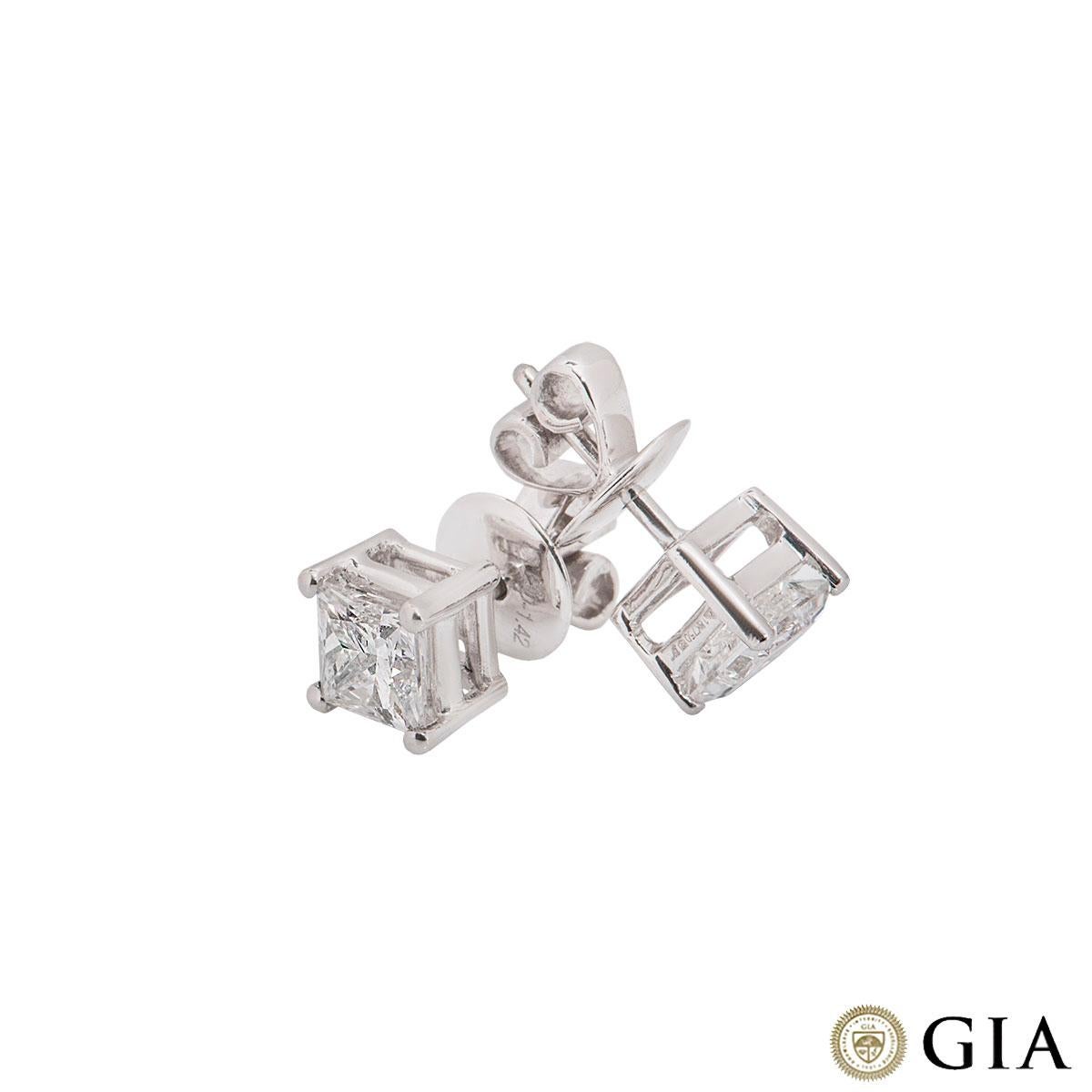 Women's GIA Certified Princess Cut Diamond Stud Earrings Total Carats 1.42 F Color/VS1