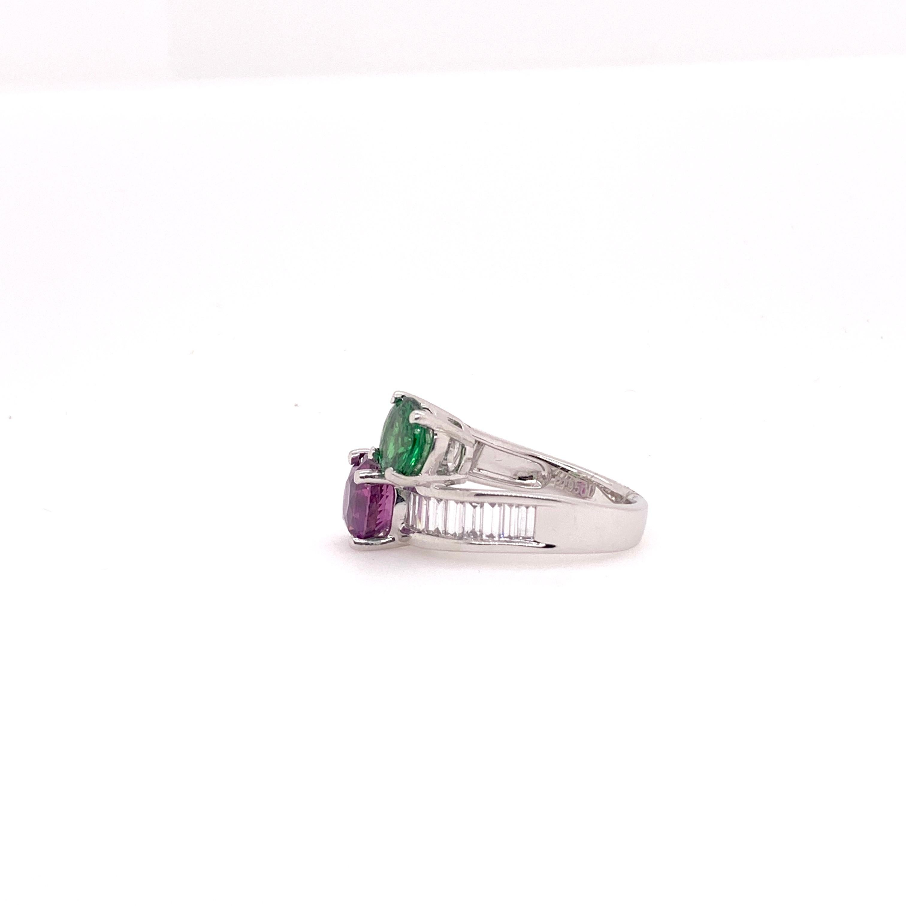Contemporary GIA Certified Purple Pink Sapphire Tsavorite Diamond Cocktail Ring in Platinum For Sale