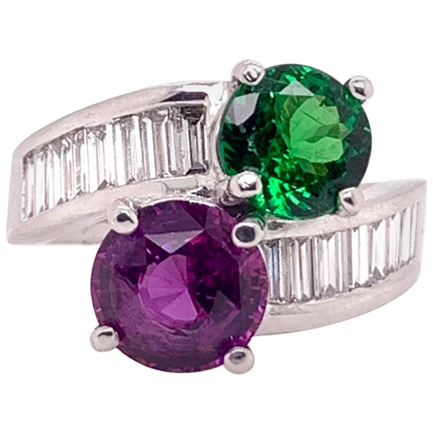GIA Certified Purple Pink Sapphire Tsavorite Diamond Cocktail Ring in Platinum For Sale