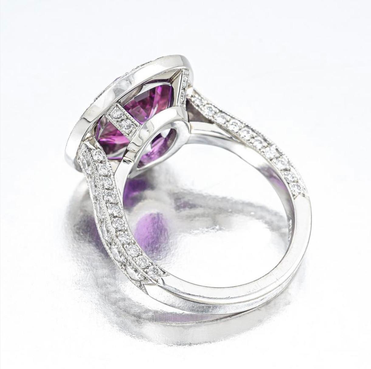 Contemporary GIA Certified Purple Sapphire and Diamond Engagement Ring in Platinum For Sale