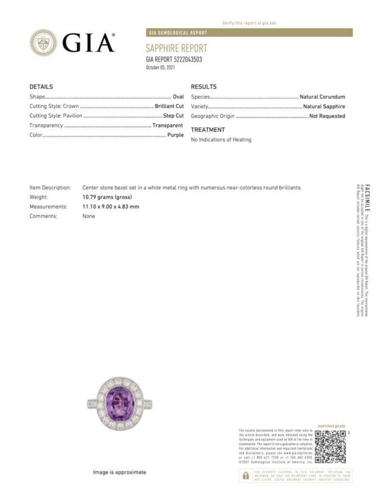 Bague de fiançailles en saphir violet et diamant en platine certifiée GIA Neuf - En vente à New York, NY