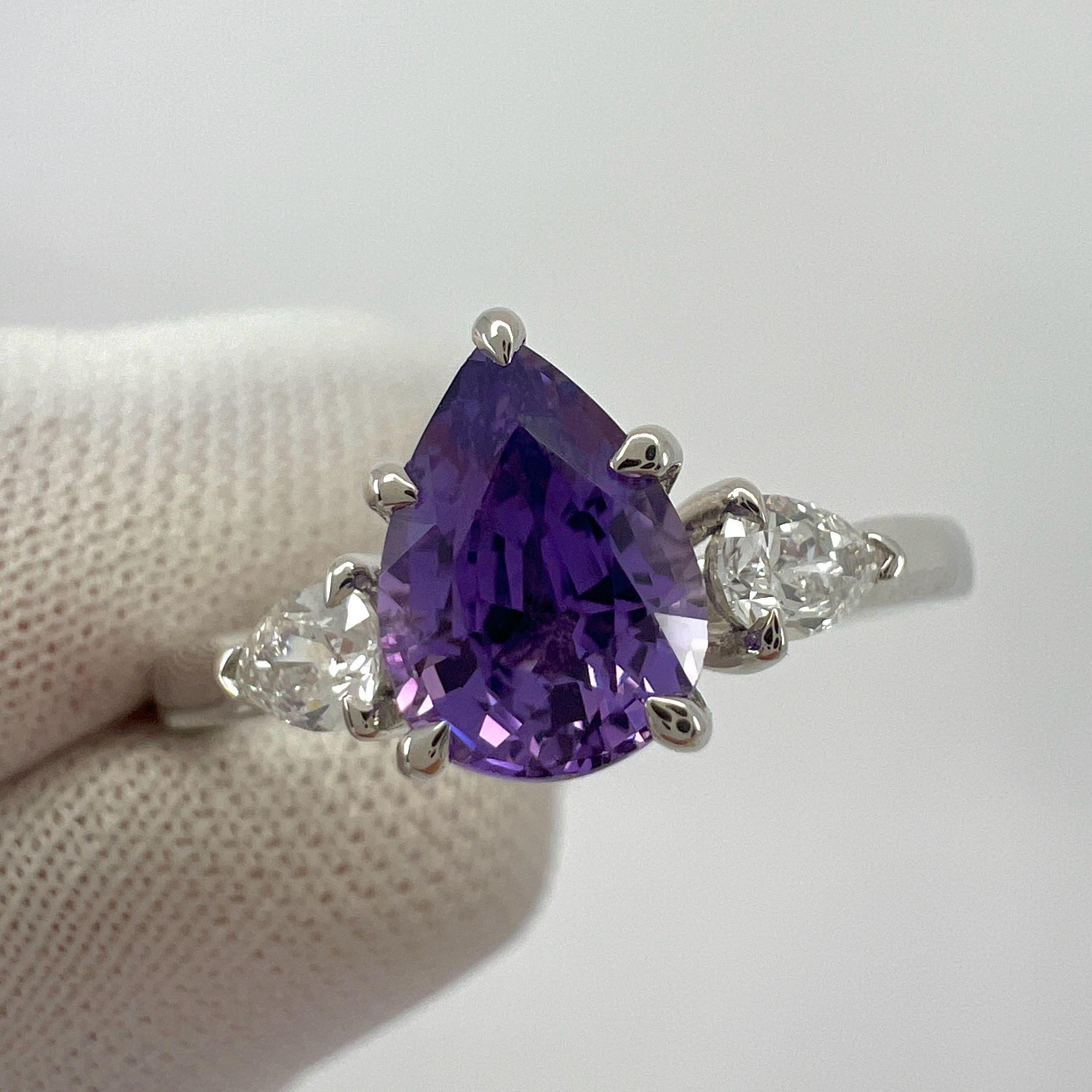 GIA Certified Purple Sapphire & Diamond 18k White Gold Pear Cut Three Stone Ring For Sale 8
