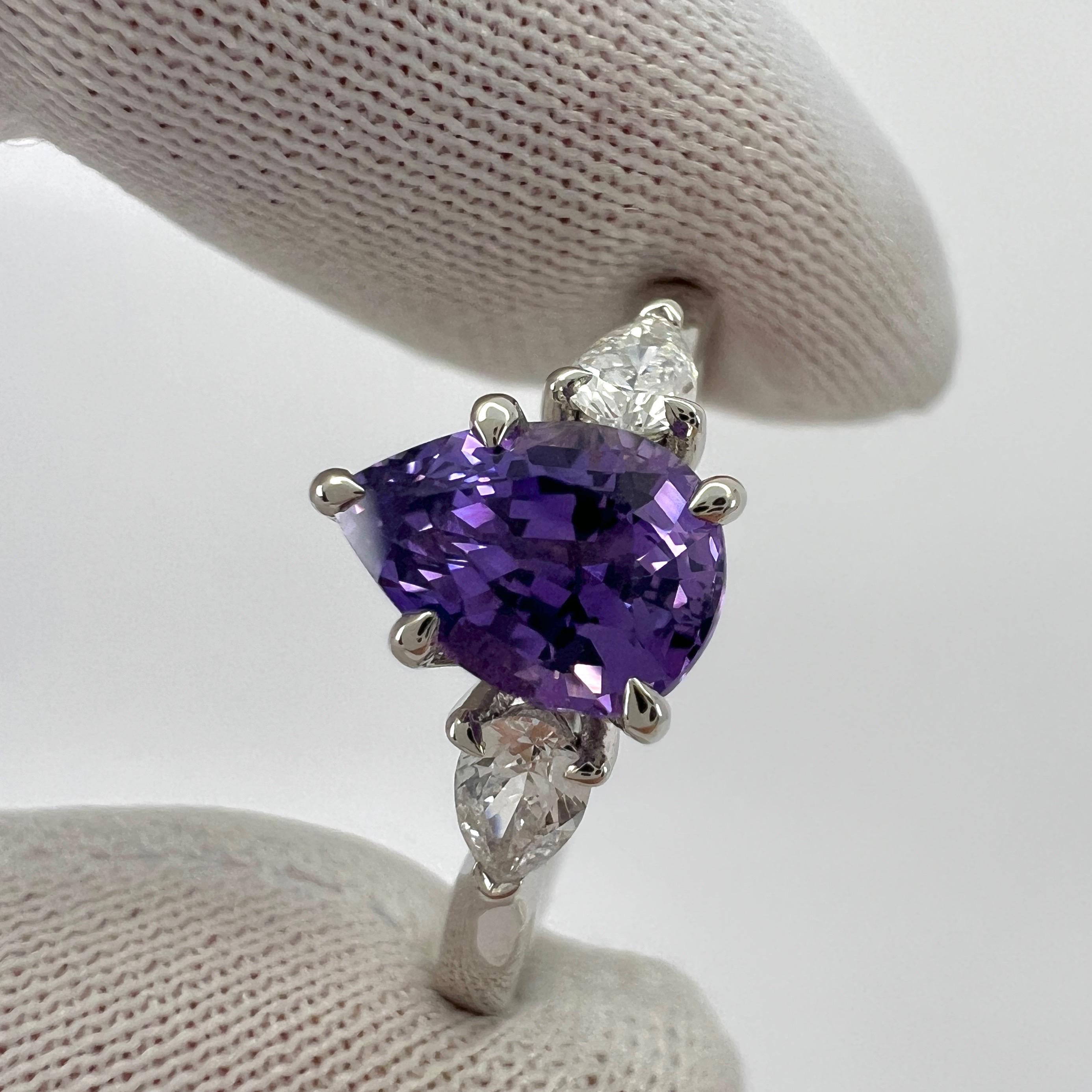 GIA Certified Untreated Pear Cut Purple Sapphire & Diamond 18k White Gold Three Stone Ring.

Fine 1.17 carat natural untreated sapphire with a beautiful vivid pink purple colour. This stone also has an excellent pear teardrop cut and excellent