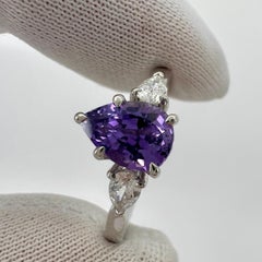 GIA Certified Purple Sapphire & Diamond 18k White Gold Pear Cut Three Stone Ring