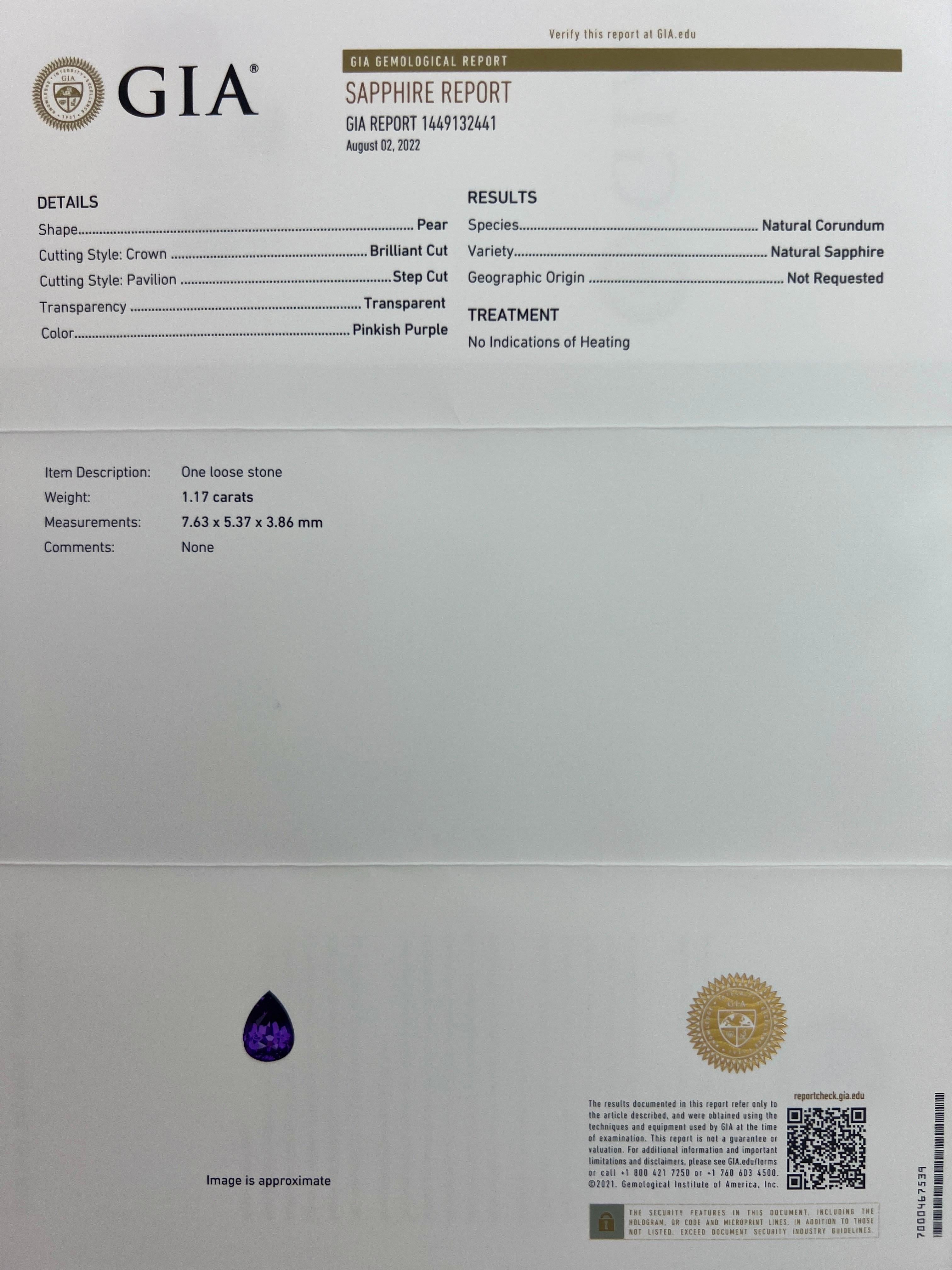 GIA Certified Purple Sapphire & Diamond 18k White Gold Pear Cut Three Stone Ring In New Condition For Sale In Birmingham, GB