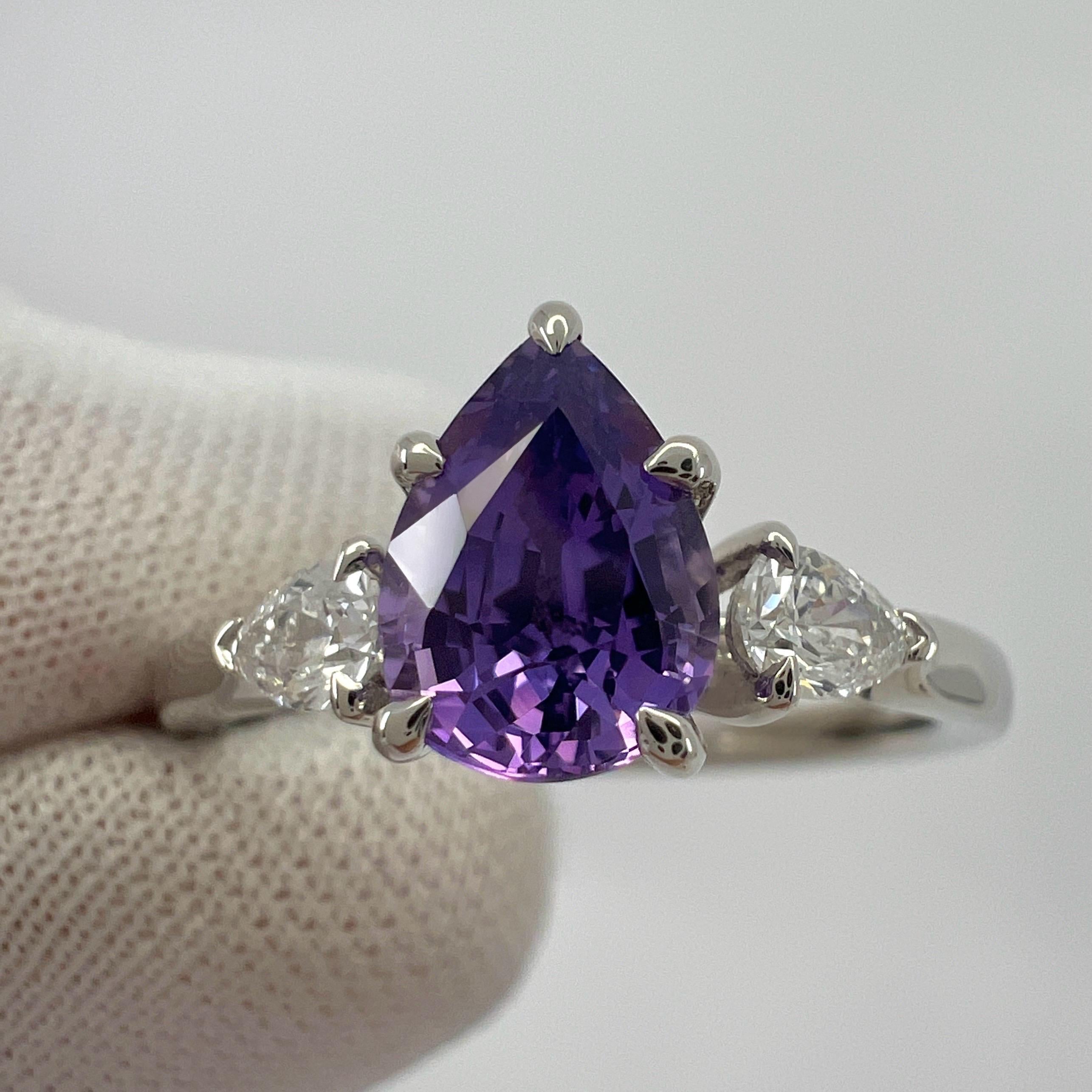 Women's or Men's GIA Certified Purple Sapphire & Diamond 18k White Gold Pear Cut Three Stone Ring For Sale