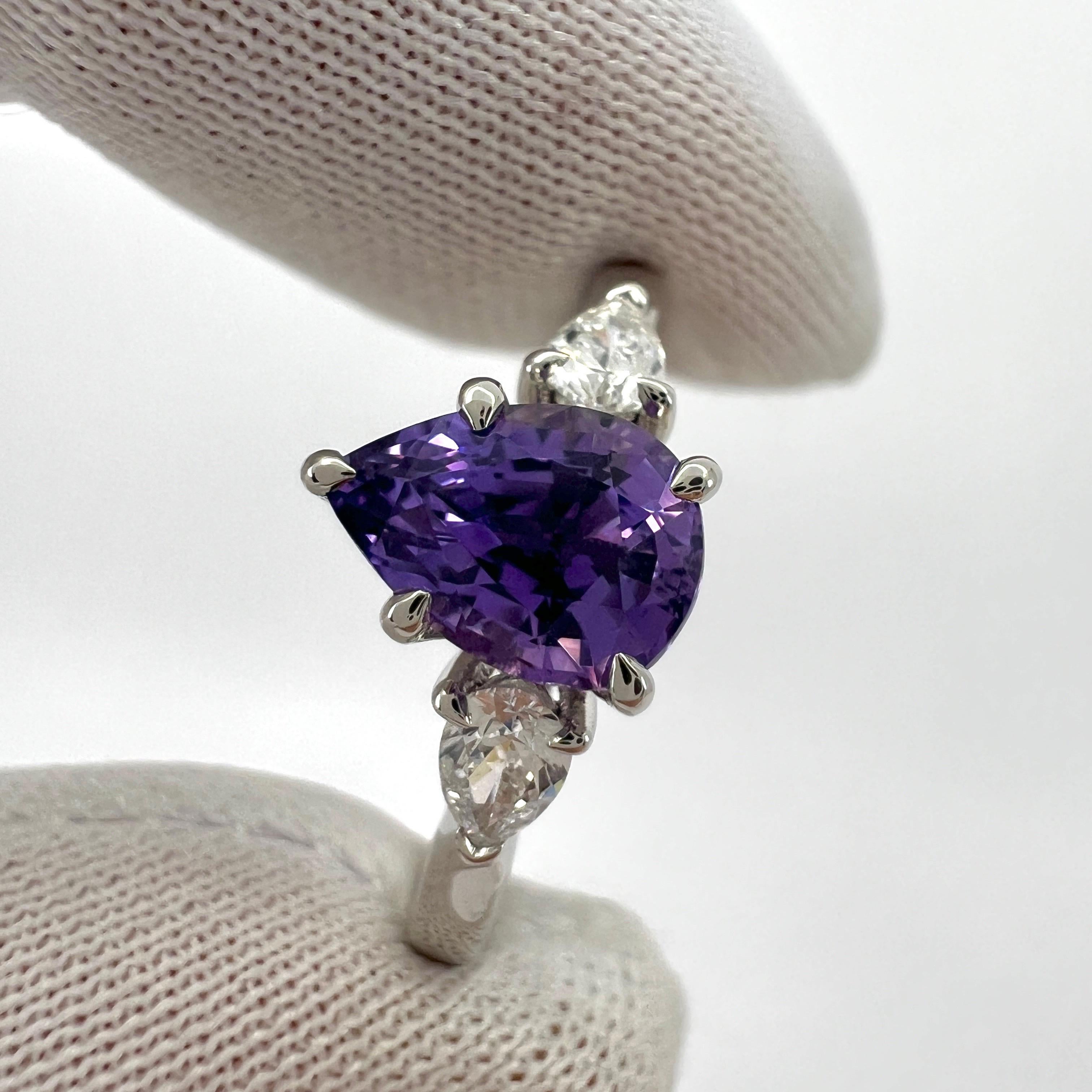 GIA Certified Purple Sapphire & Diamond 18k White Gold Pear Cut Three Stone Ring For Sale 1