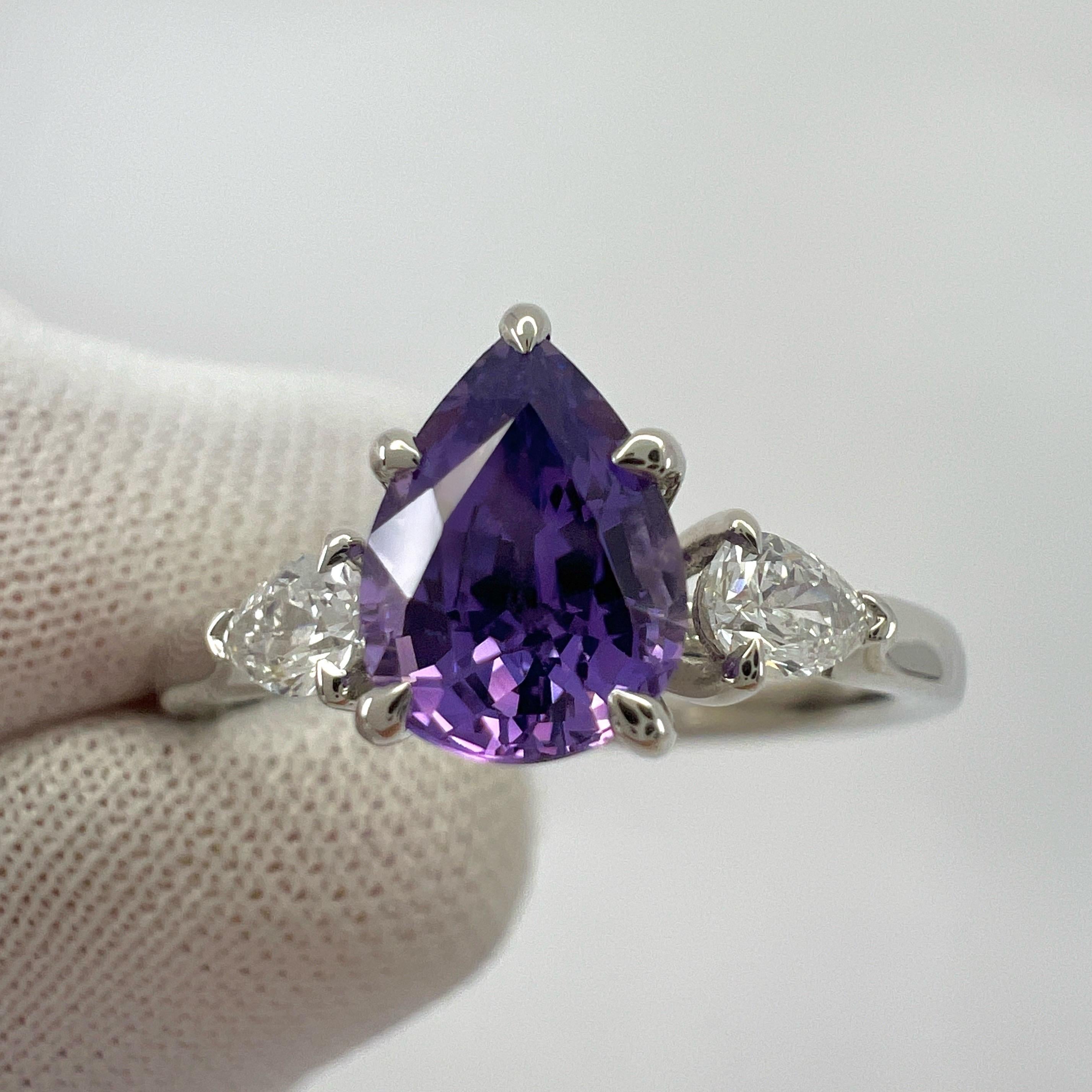 GIA Certified Purple Sapphire & Diamond 18k White Gold Pear Cut Three Stone Ring For Sale 2