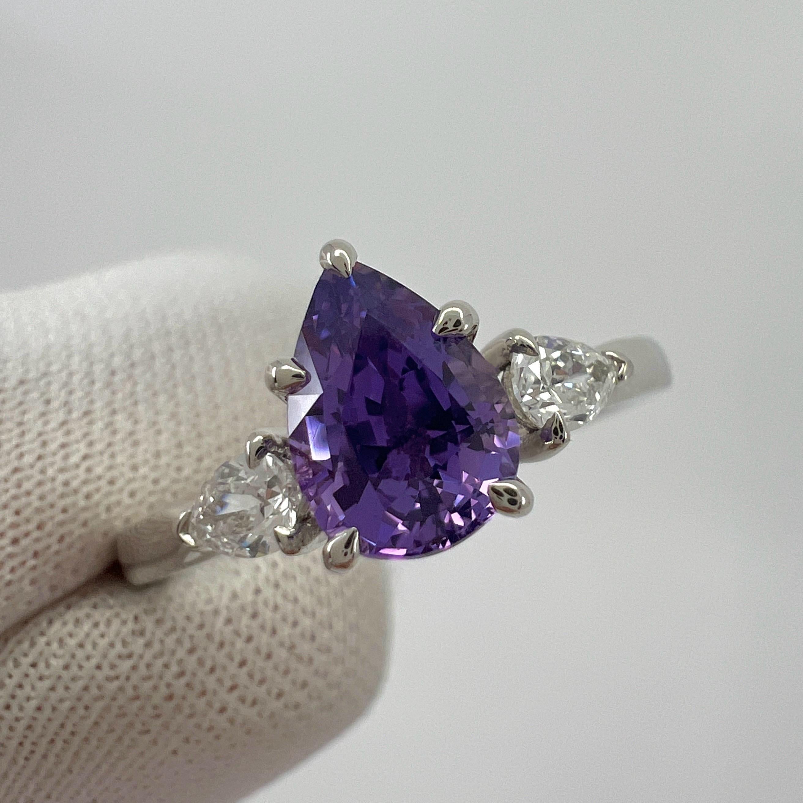 GIA Certified Purple Sapphire & Diamond 18k White Gold Pear Cut Three Stone Ring For Sale 3