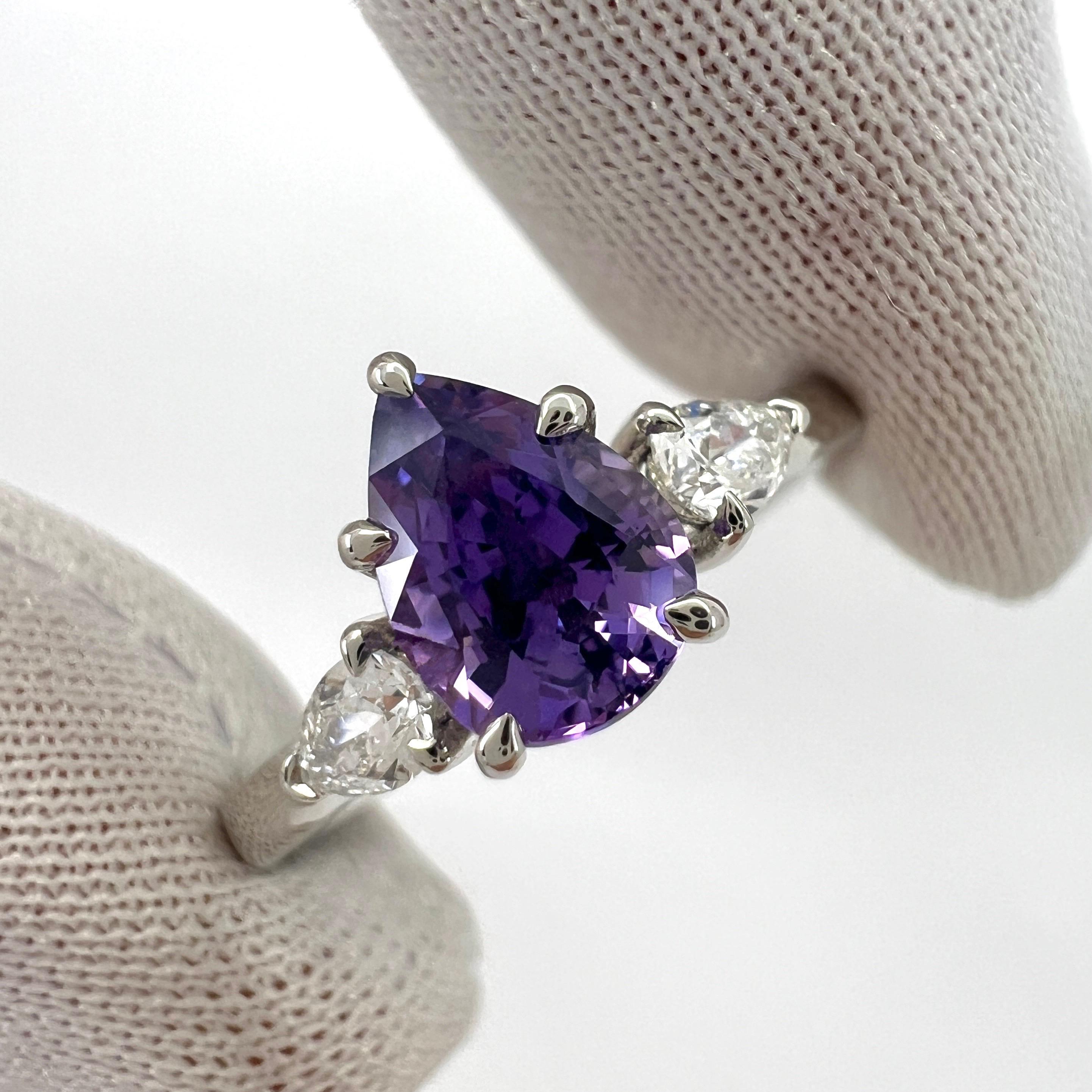 GIA Certified Purple Sapphire & Diamond 18k White Gold Pear Cut Three Stone Ring For Sale 5