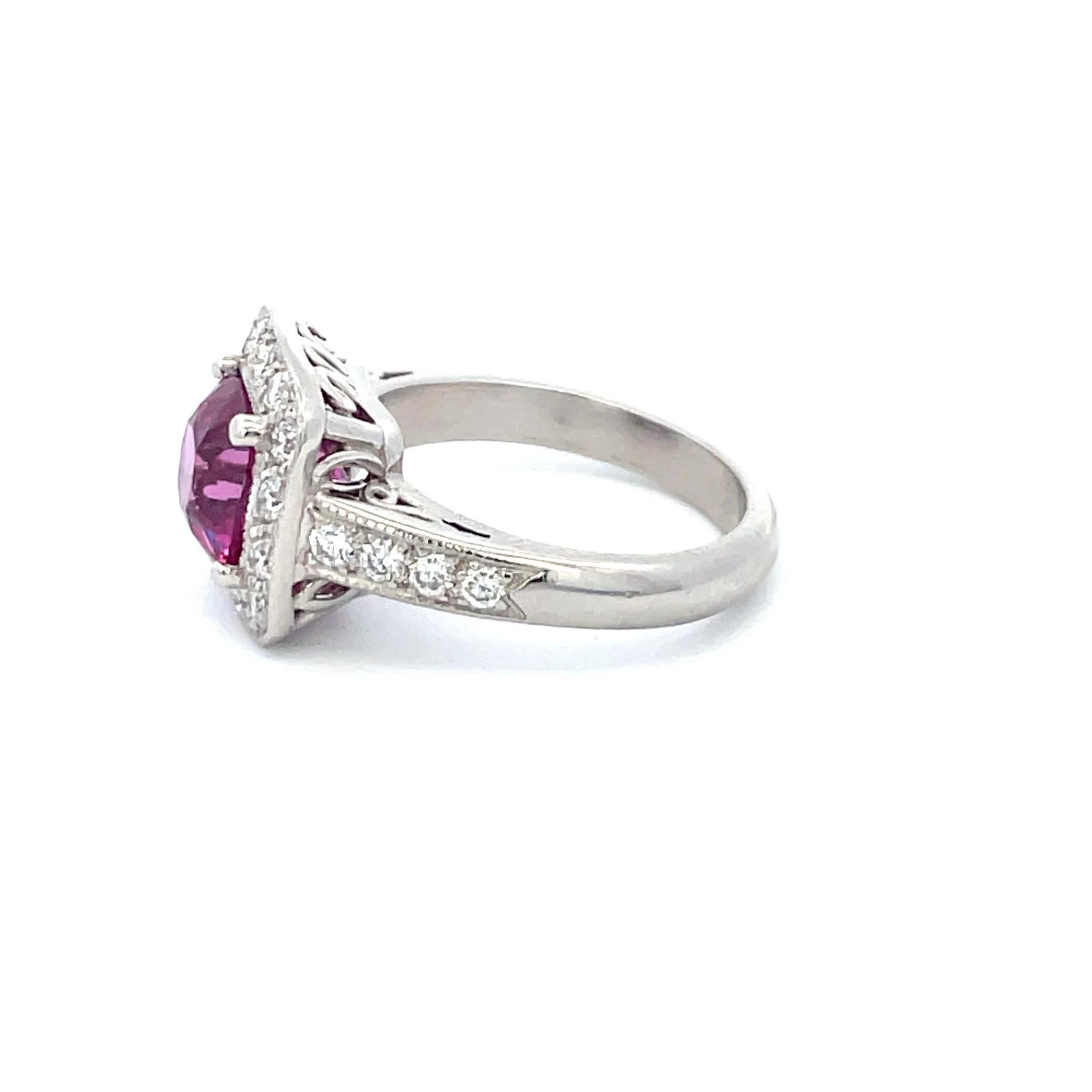 Contemporary GIA Certified Purplish Pink Cushion Sapphire Diamond Halo Ring Sri Lanka 3.56 CT For Sale