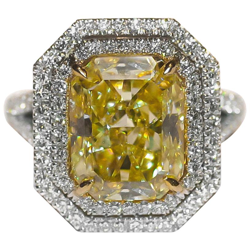 GIA Certified Radiant 5.17 Carat Fancy Yellow Diamond Ring