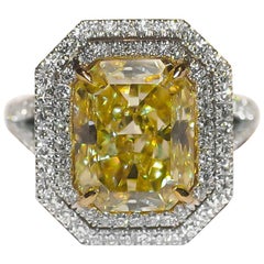 GIA Certified Radiant 5.17 Carat Fancy Yellow Diamond Ring
