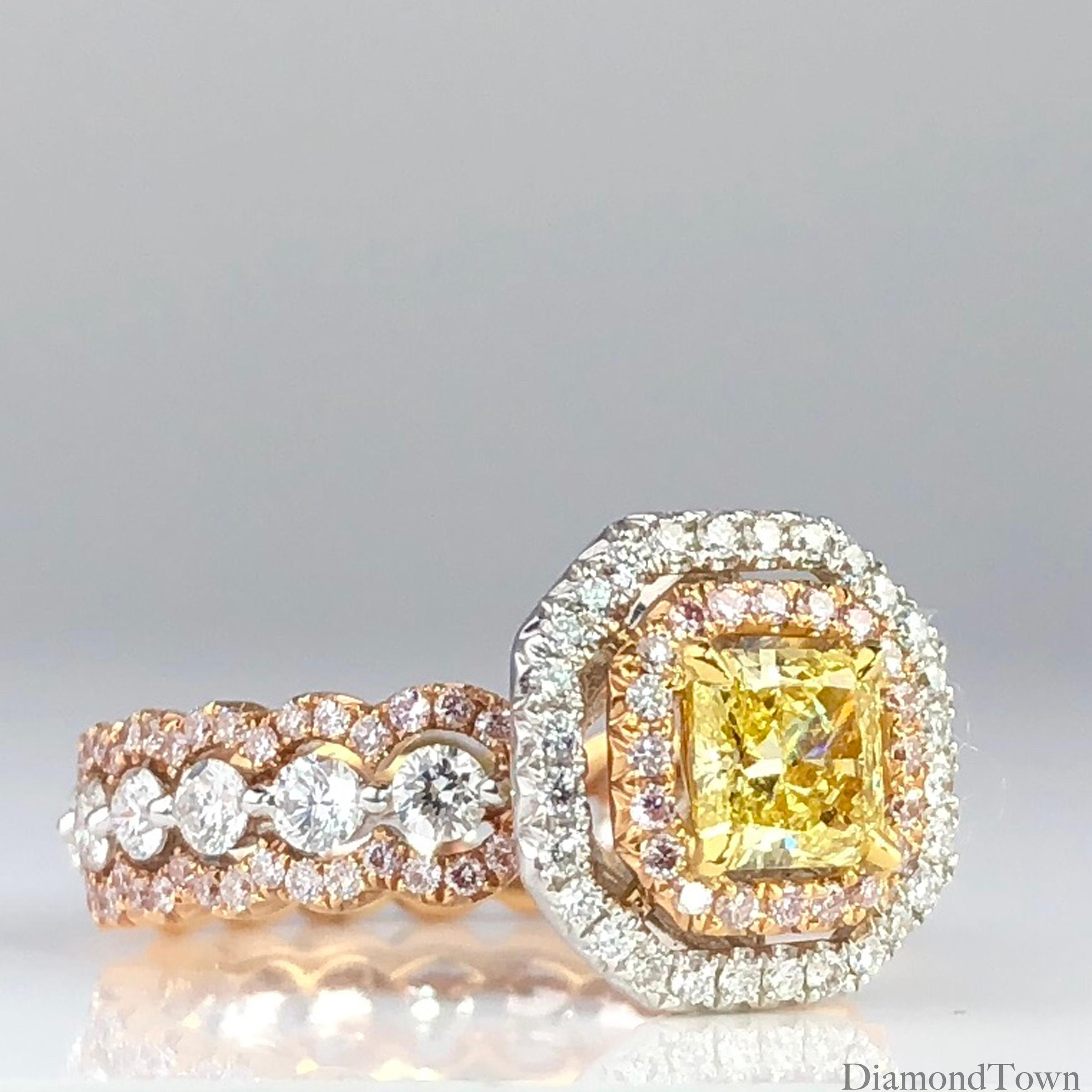 GIA Cert Radiant Cut 0.63 Ct Natural Fancy Intense Yellow Ring in 18k ref413 In New Condition For Sale In New York, NY