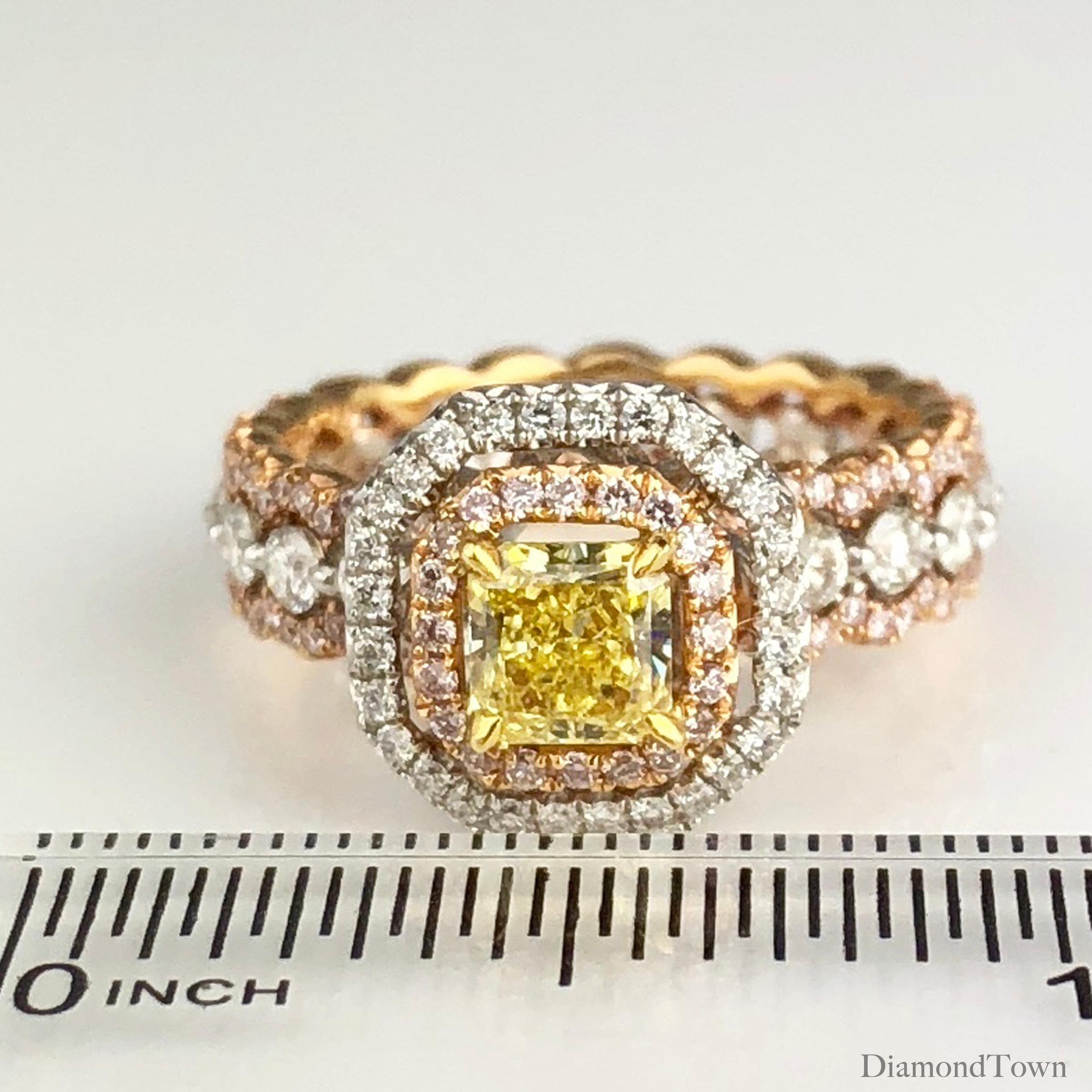 GIA Cert Radiant Cut 0.63 Ct Natural Fancy Intense Yellow Ring in 18k ref413 For Sale 1