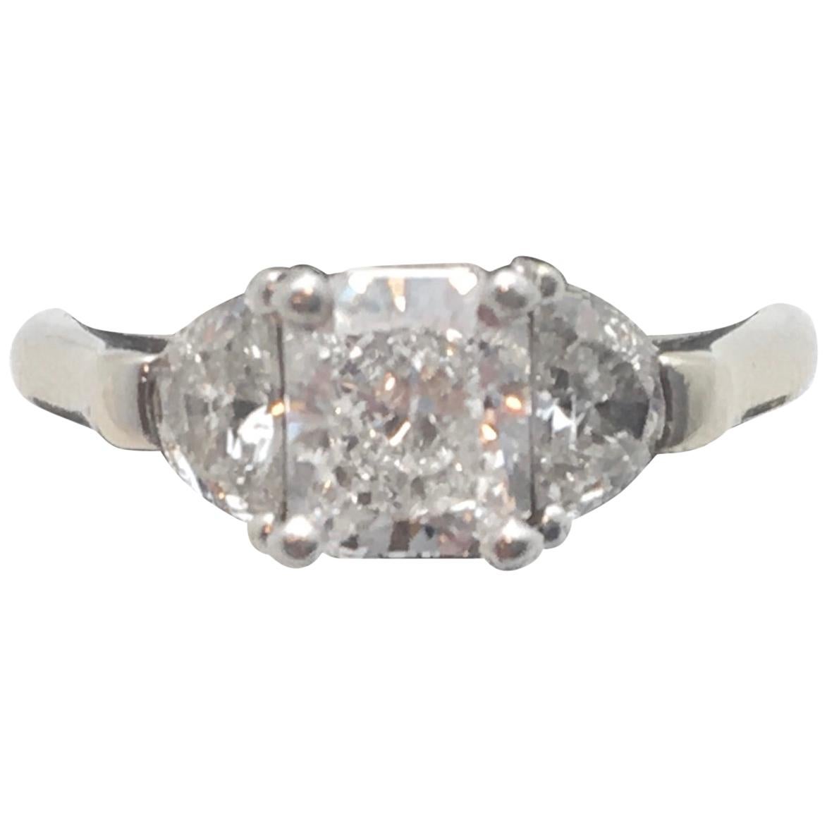 GIA Certified Radiant Cut Diamond 1.22 Carat with Half Moon Side Diamonds For Sale