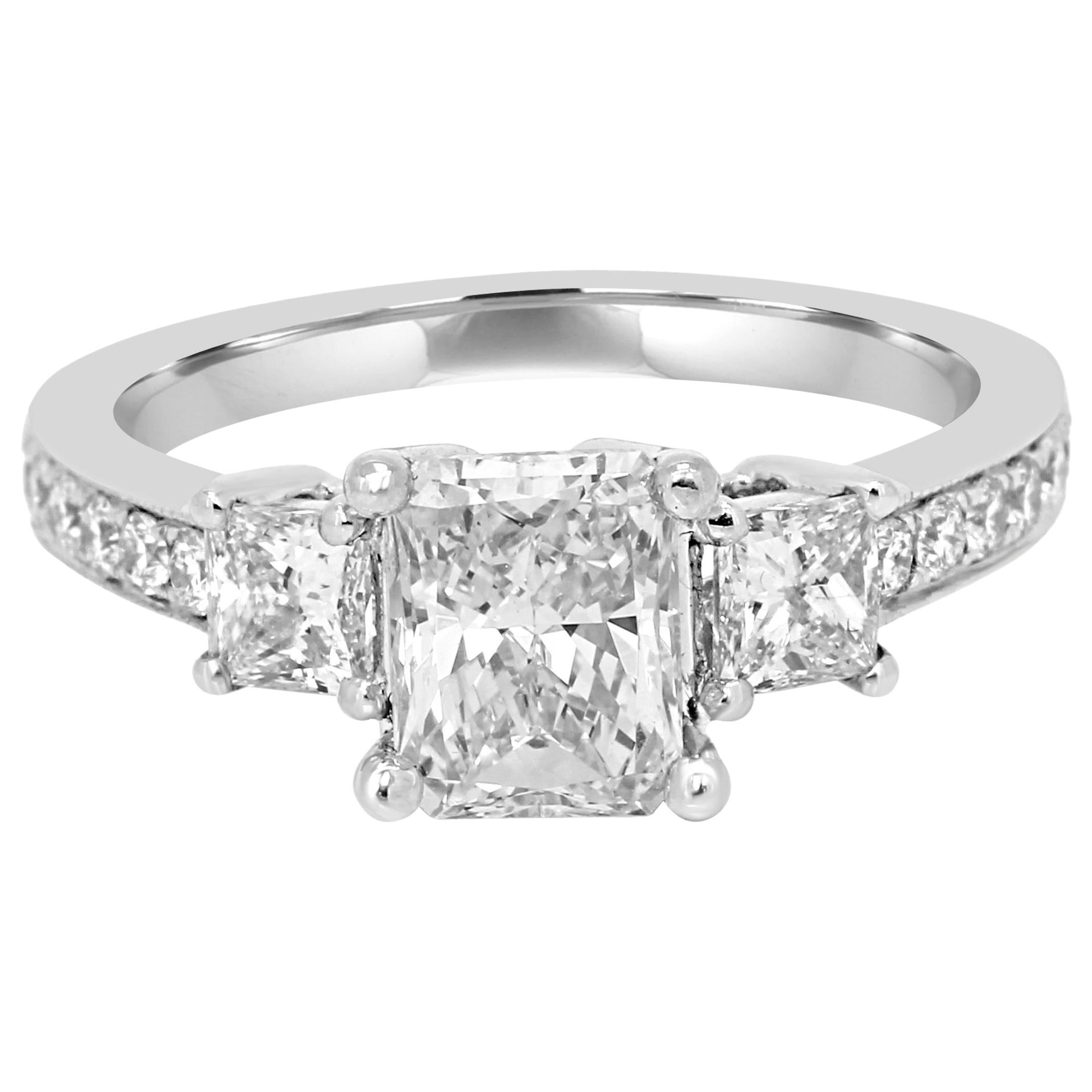 GIA Certified Radiant Cut Diamond Three-Stone Gold Bridal Engagement Ring