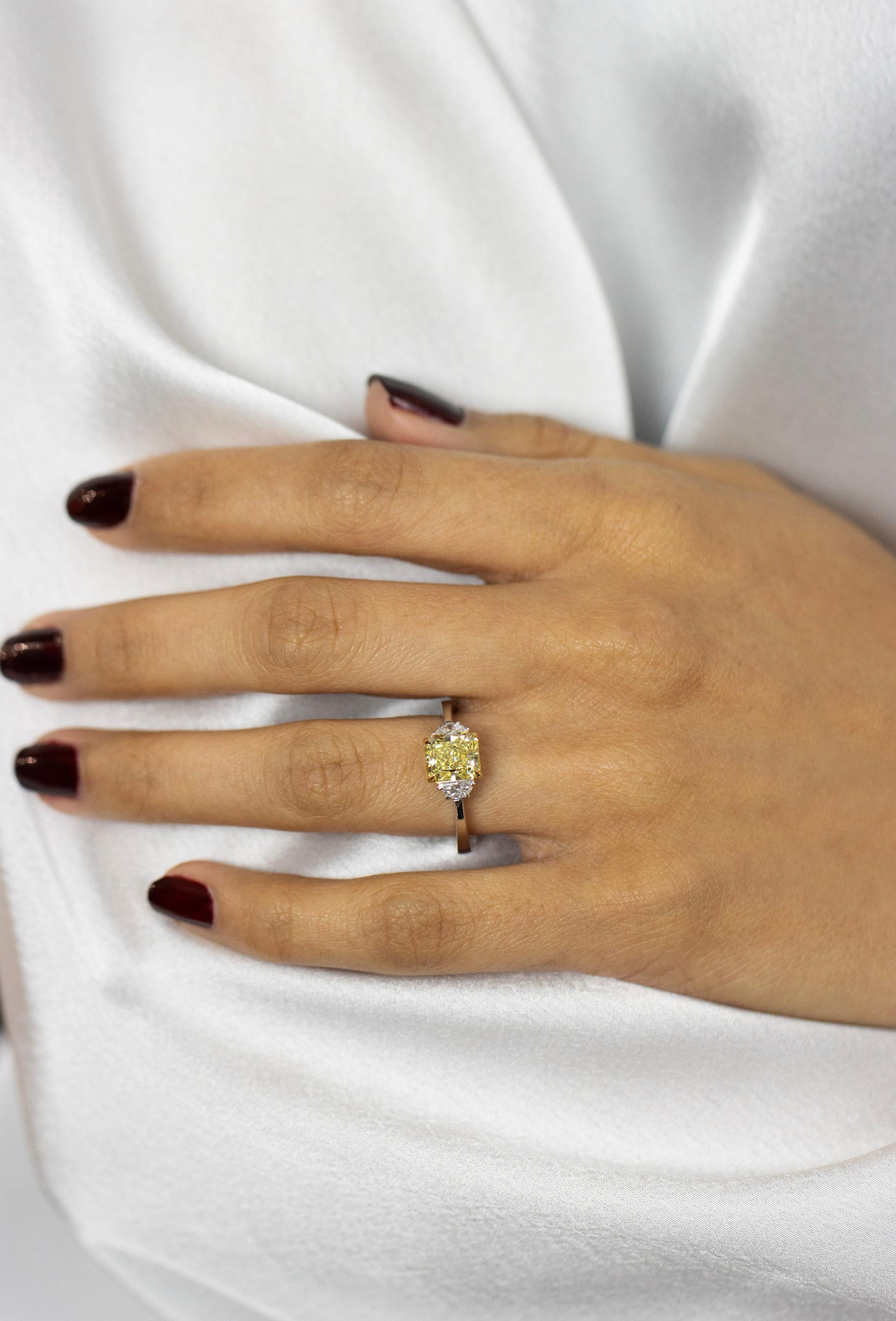 GIA Certified Radiant Cut Fancy Yellow Diamond Three-Stone Engagement Ring In New Condition For Sale In New York, NY