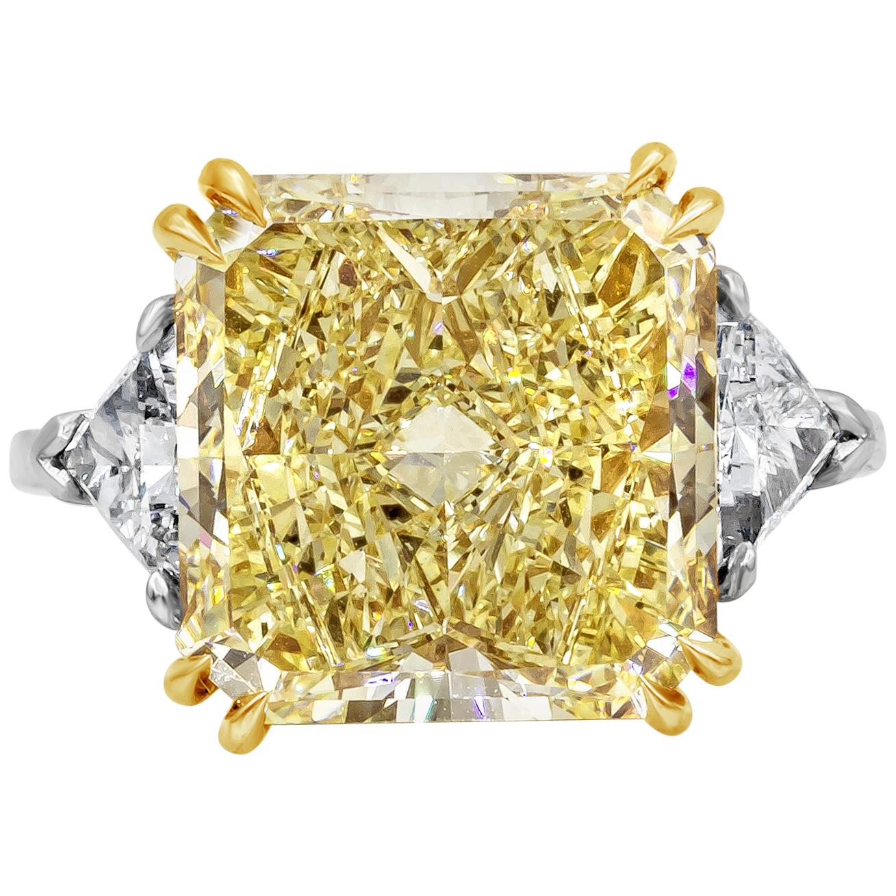Roman Malakov 10.59 Carat Radiant Cut Yellow Diamond Three-Stone Engagement Ring For Sale
