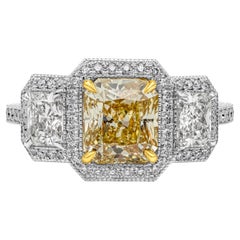 GIA Certified Radiant Cut Yellow Diamond Three-Stone Halo Engagement Ring