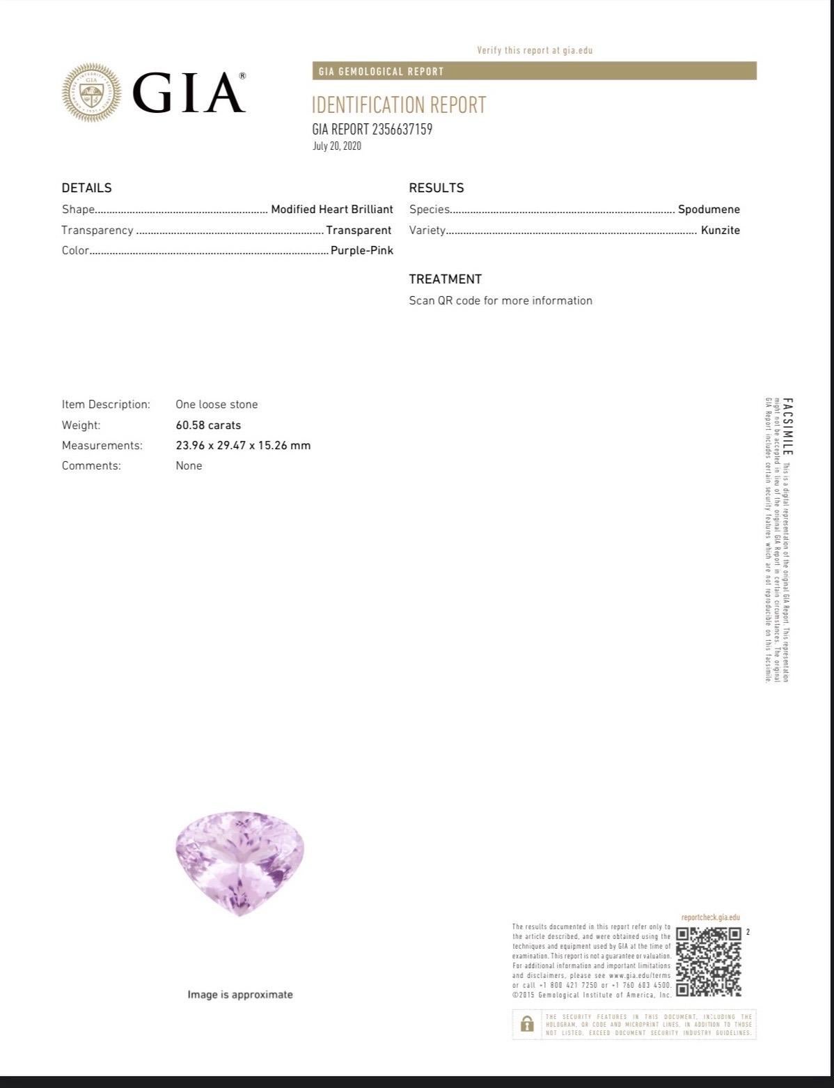 Heart Cut GIA Certified Rare 60 Carat Heart Brilliant Purple-Pink Kunzite Diamond Pendant For Sale