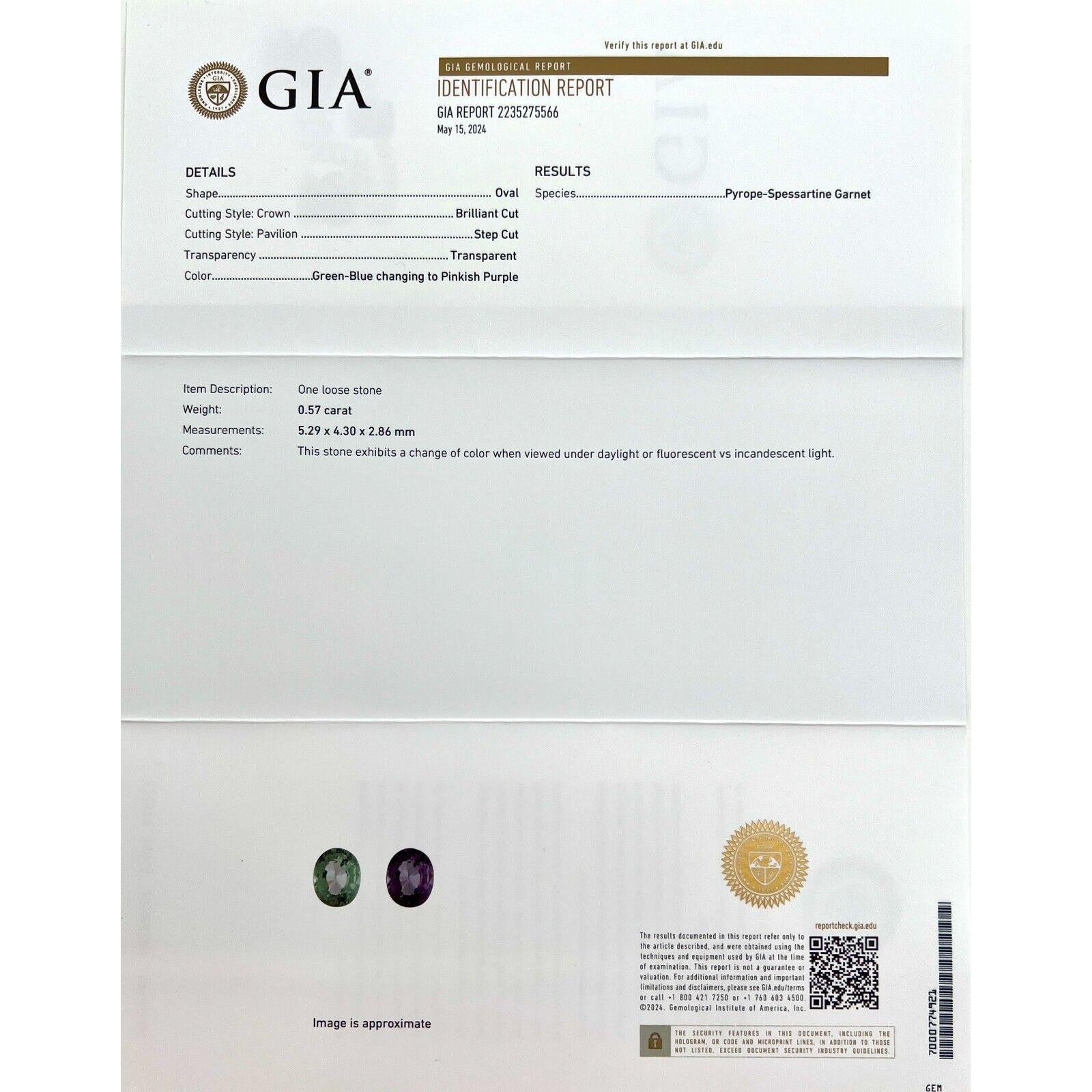Femenino o masculino GIA Certificado Raro Natural Cambio de Color Granate 0,57ct Verde Púrpura Gema Talla Ovalada en venta