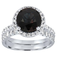 GIA Certified Rare Round 2.40 Natural Sapphire 18KW Gold Halo Diamond Ring Set