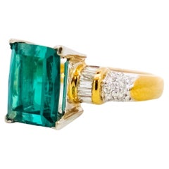 GIA Certified Rectangle Blue-Green Indicolite Tourmaline & Diamond 18K Gold Ring