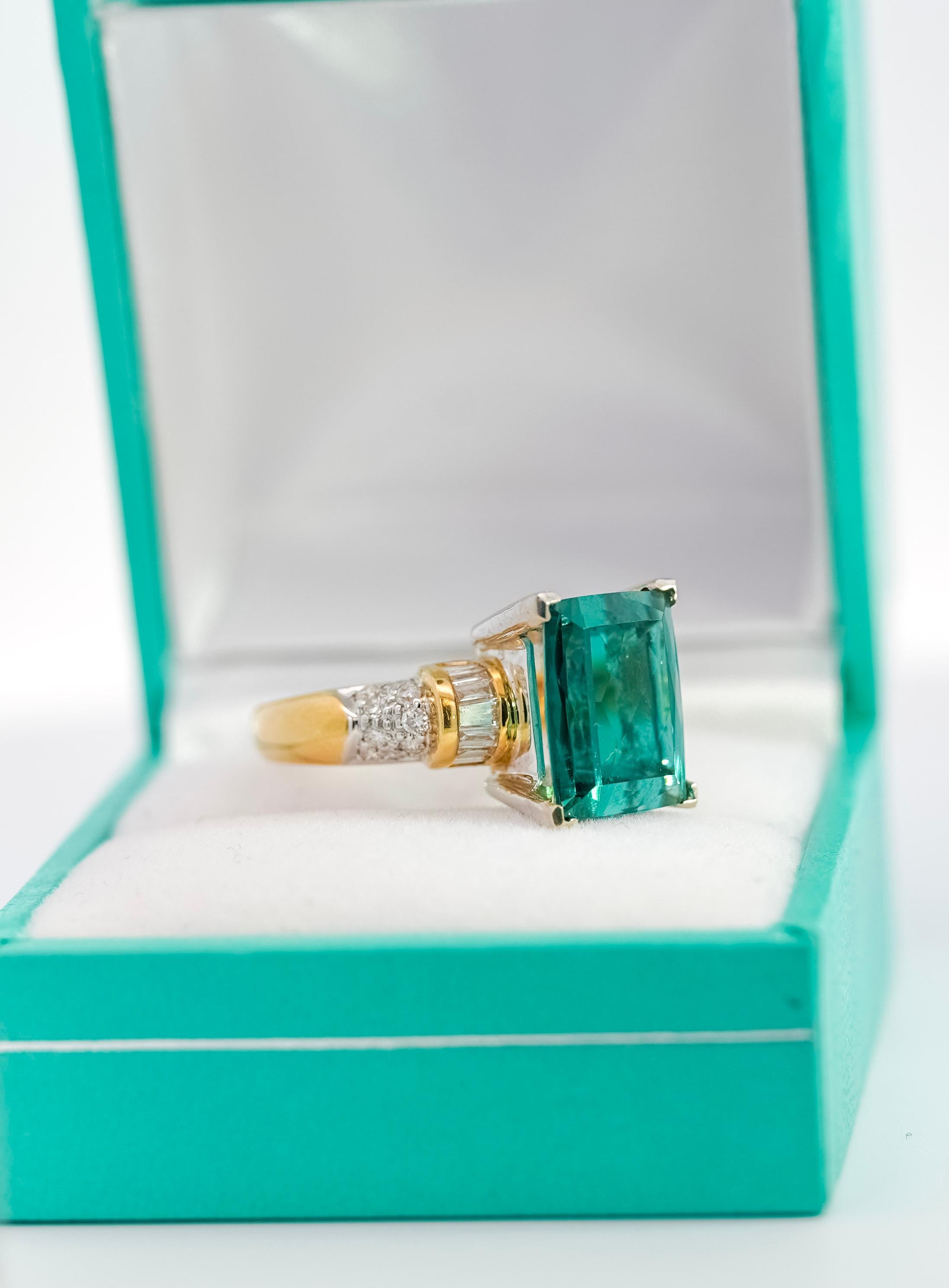 Retro GIA Certified Rectangle Blue-Green Indicolite Tourmaline & Diamond 18K Gold Ring For Sale