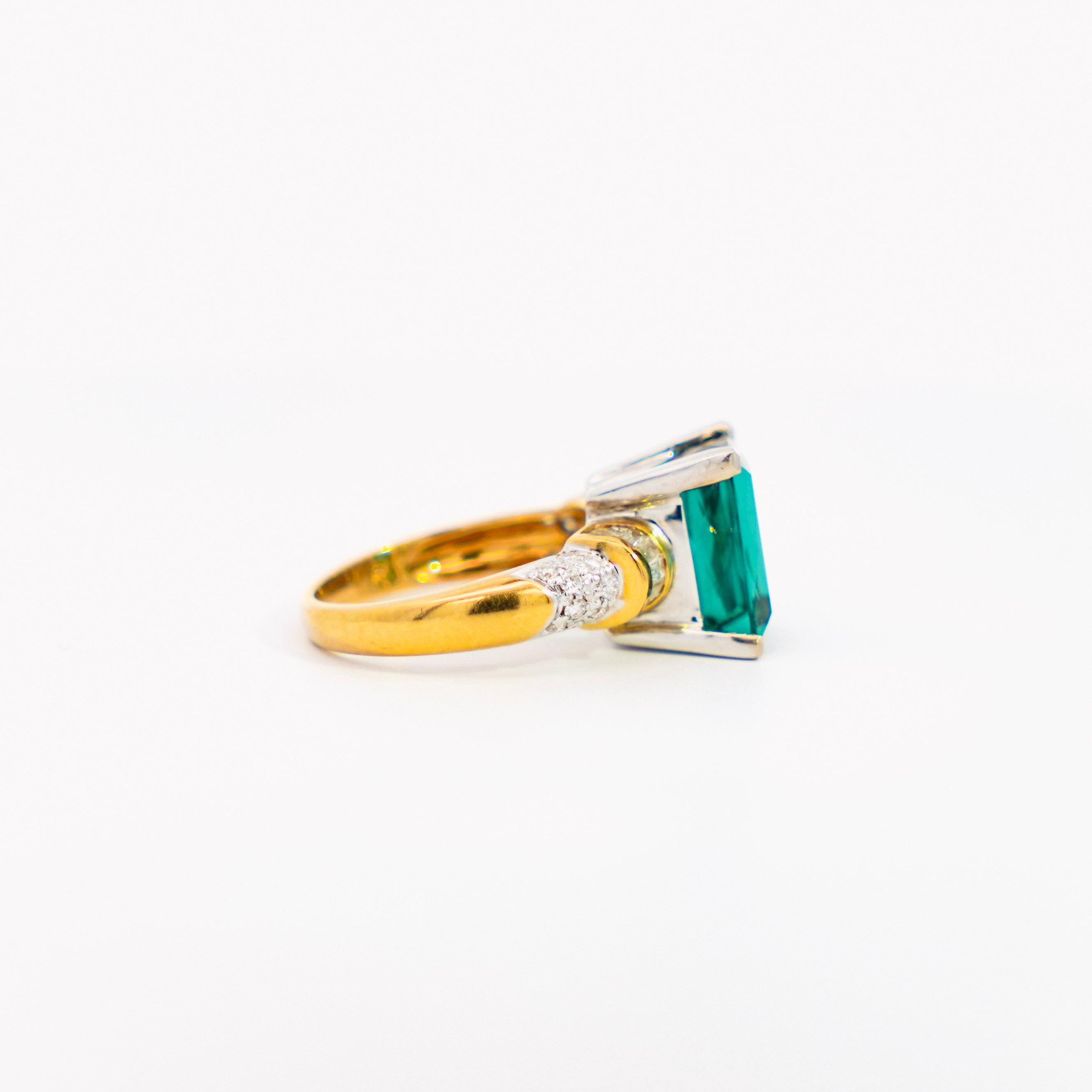 Emerald Cut GIA Certified Rectangle Blue-Green Indicolite Tourmaline & Diamond 18K Gold Ring For Sale