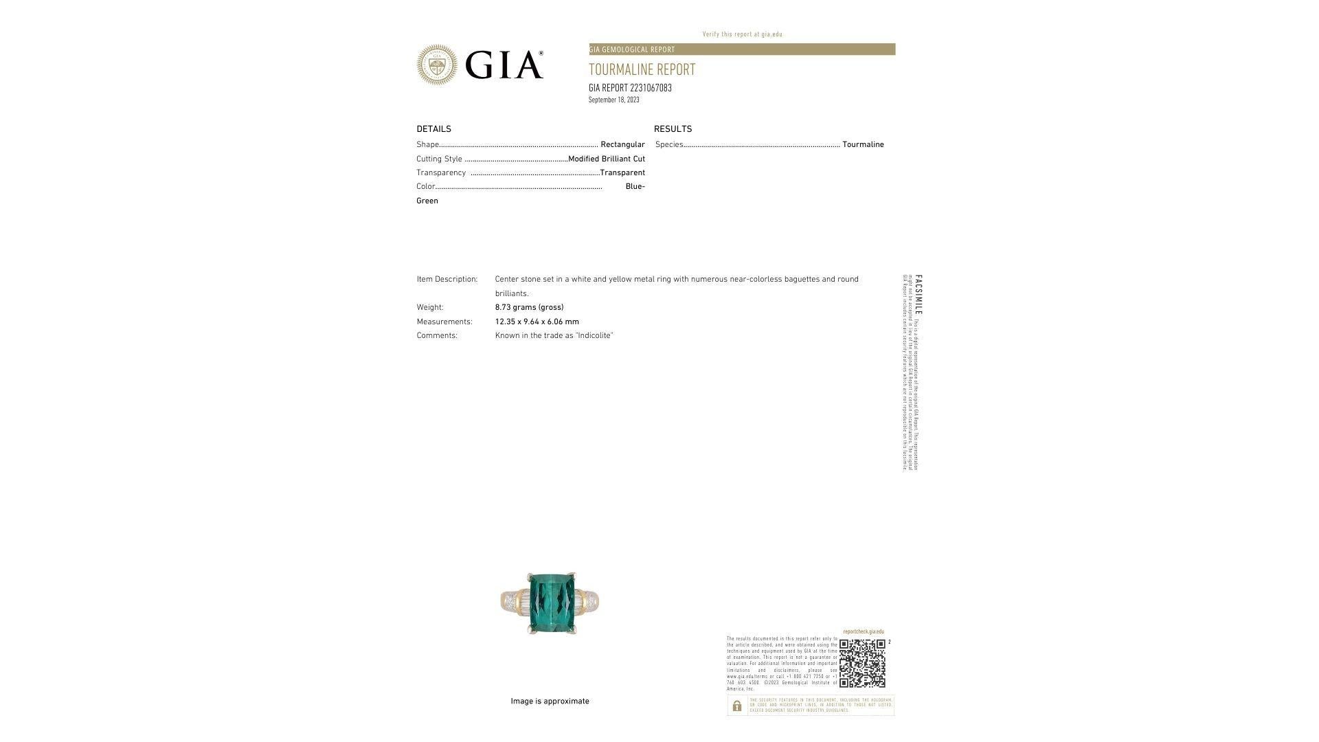GIA Certified Rectangle Blue-Green Indicolite Tourmaline & Diamond 18K Gold Ring For Sale 3