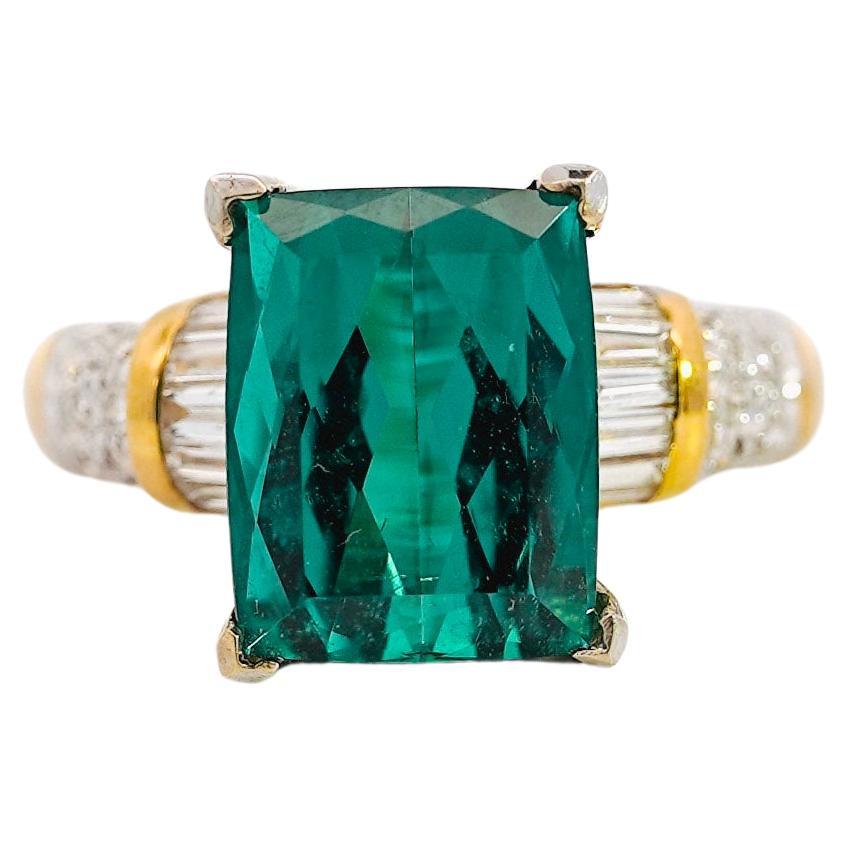 GIA Certified Rectangle Blue-Green Indicolite Tourmaline & Diamond 18K Gold Ring
