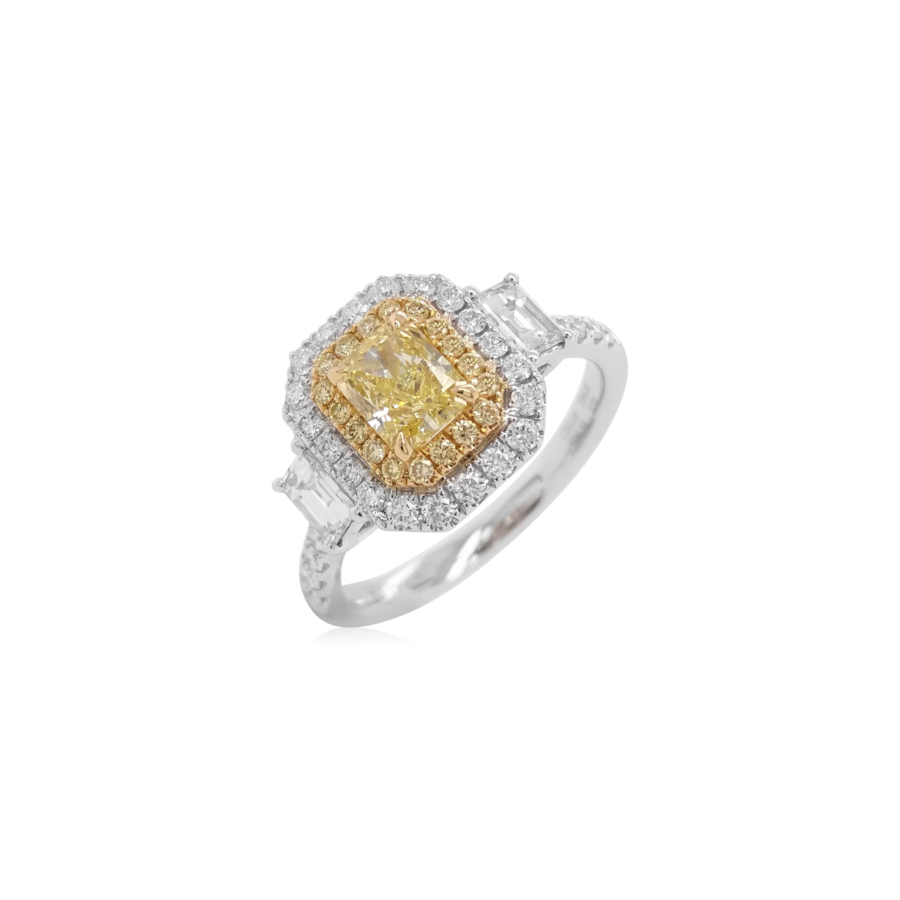 Art Deco GIA certified Rectangle cut Natural Fancy Yellow Diamond and White Diamond ring For Sale