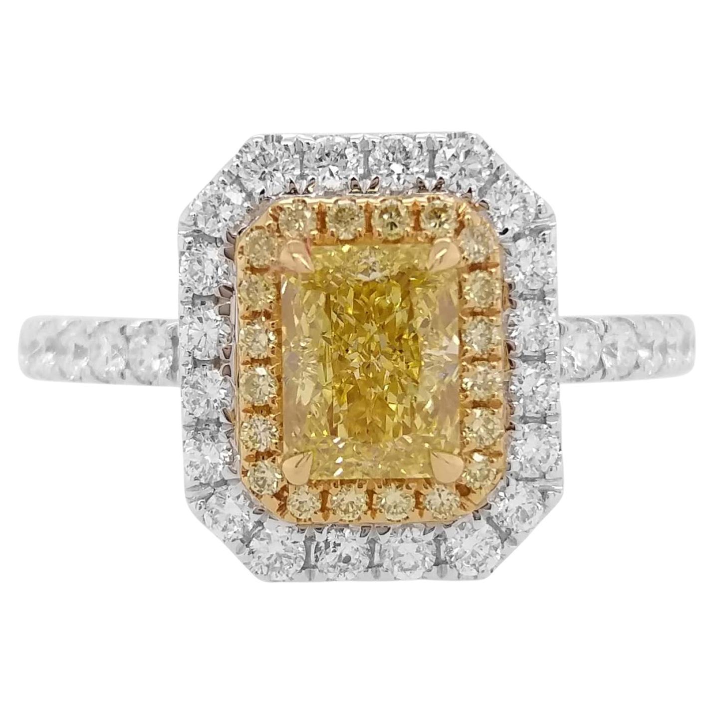Bague à double sens en or 18 carats certifiée par le GIA en forme de rectangle diamant naturel de couleur jaune fantaisie