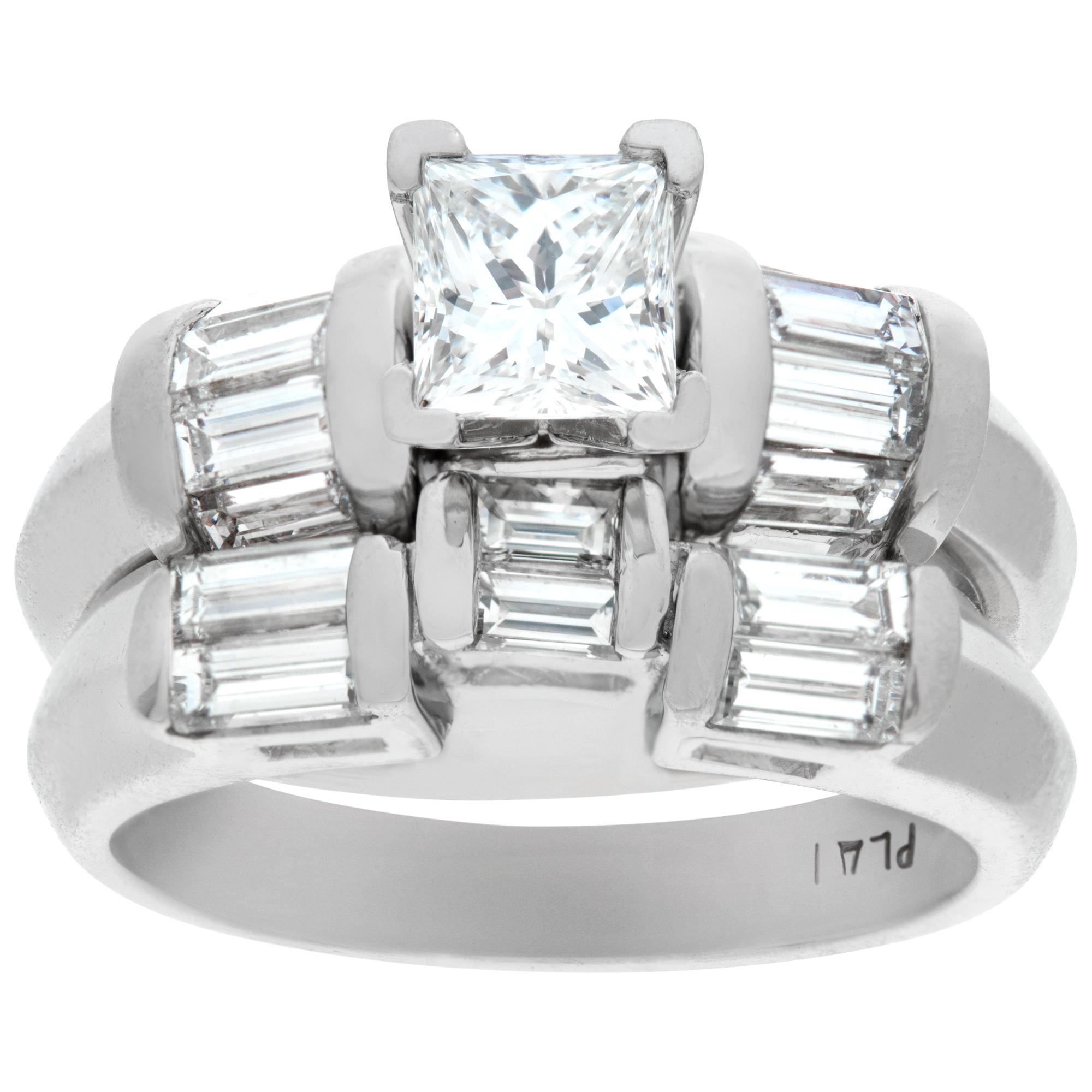 GIA Certified Rectangular 0.74 Carat Diamond Platinum Engagement Ring For Sale