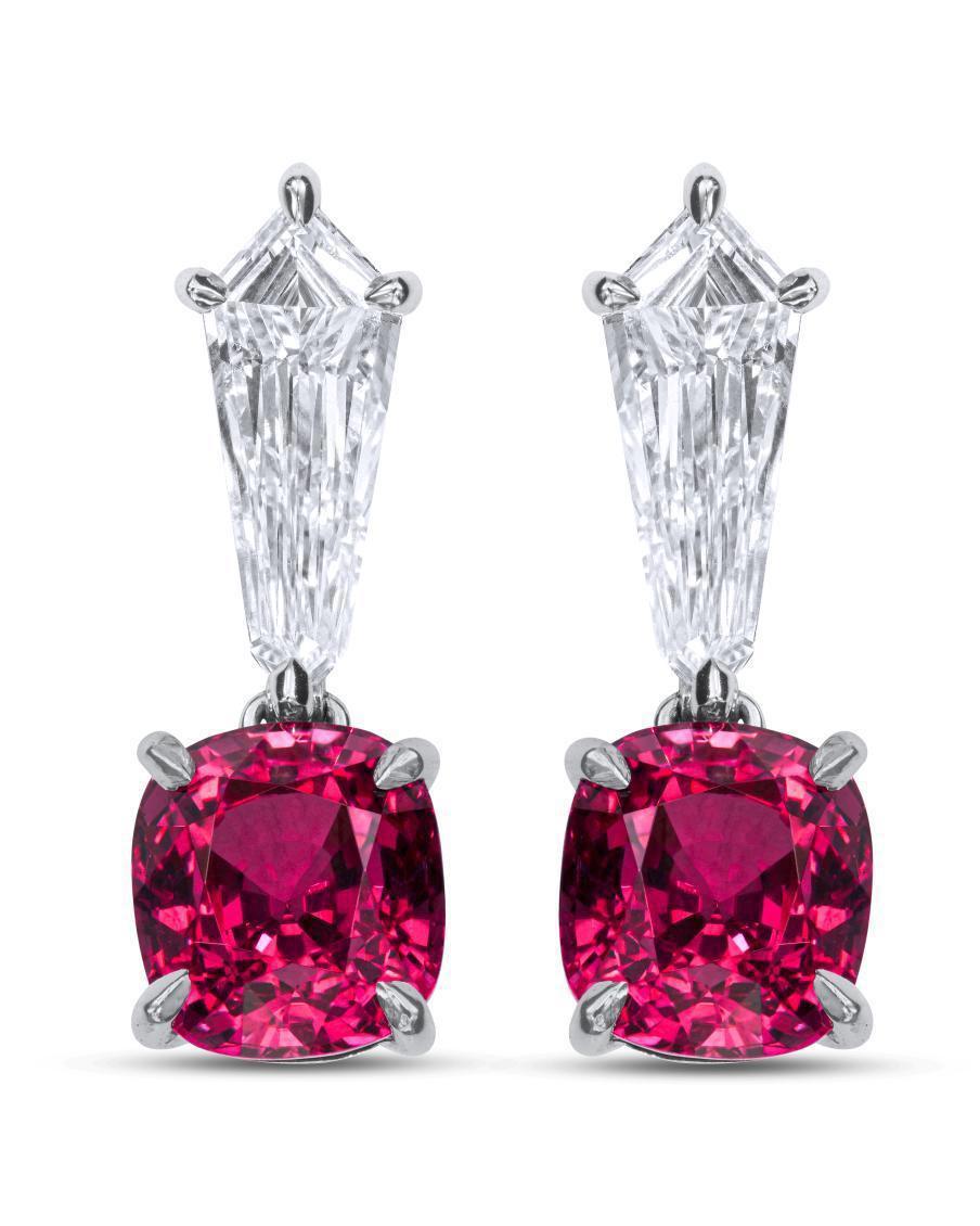 From the one-of-a-kind collection, these earrings are truly a blend of perfection!
They combine cushion-cut untreated red Burmese spinels and D IF diamond kites. They are delicate, elegant, and feminine. They are small but powerful, and they will