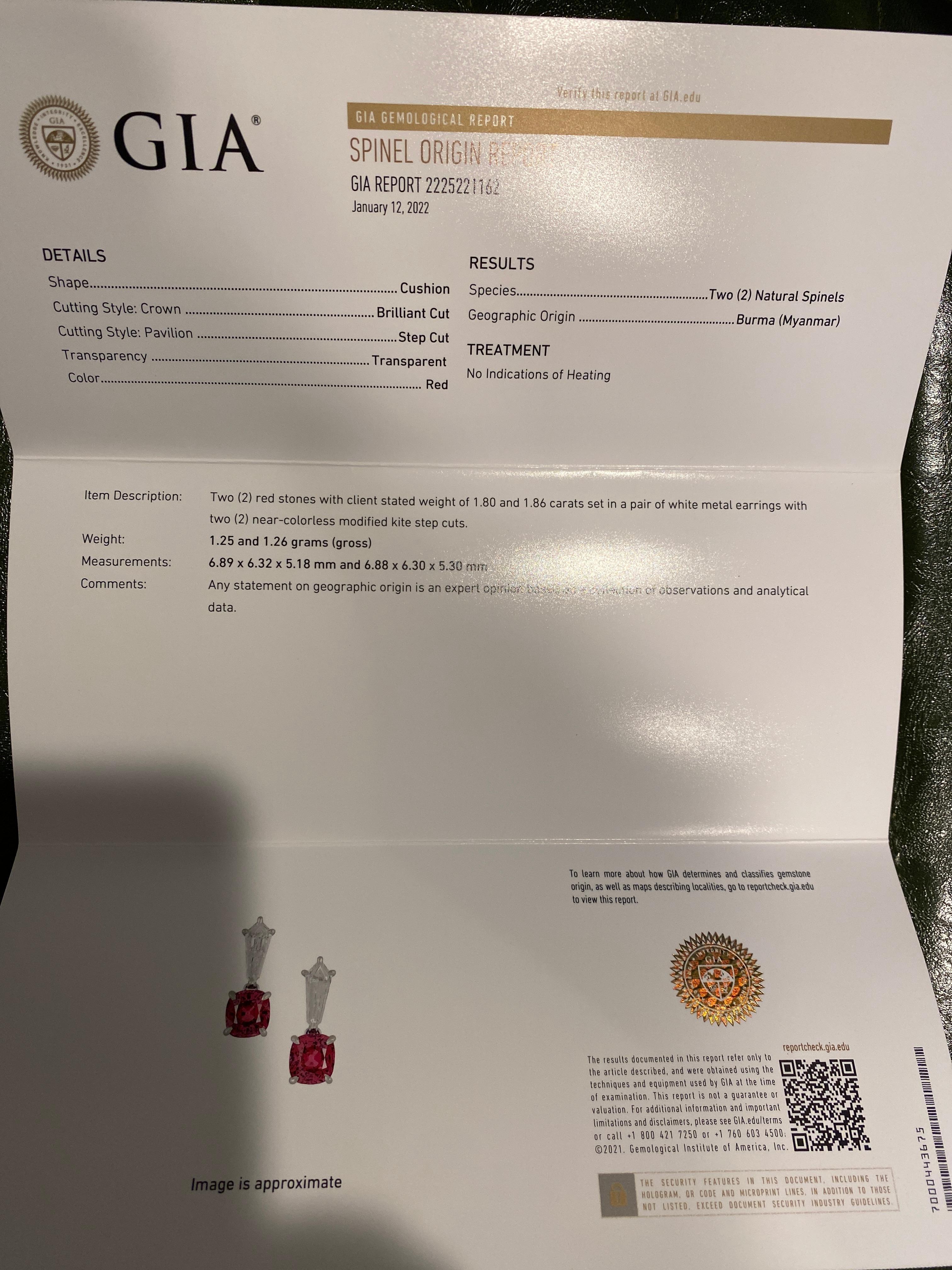 Modern GIA Certified Red Burmese Spinel Earrings For Sale
