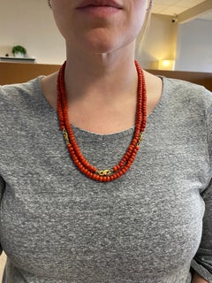 GIA Certified Red Coral Double Strand Necklace with 18k Yellow Gold