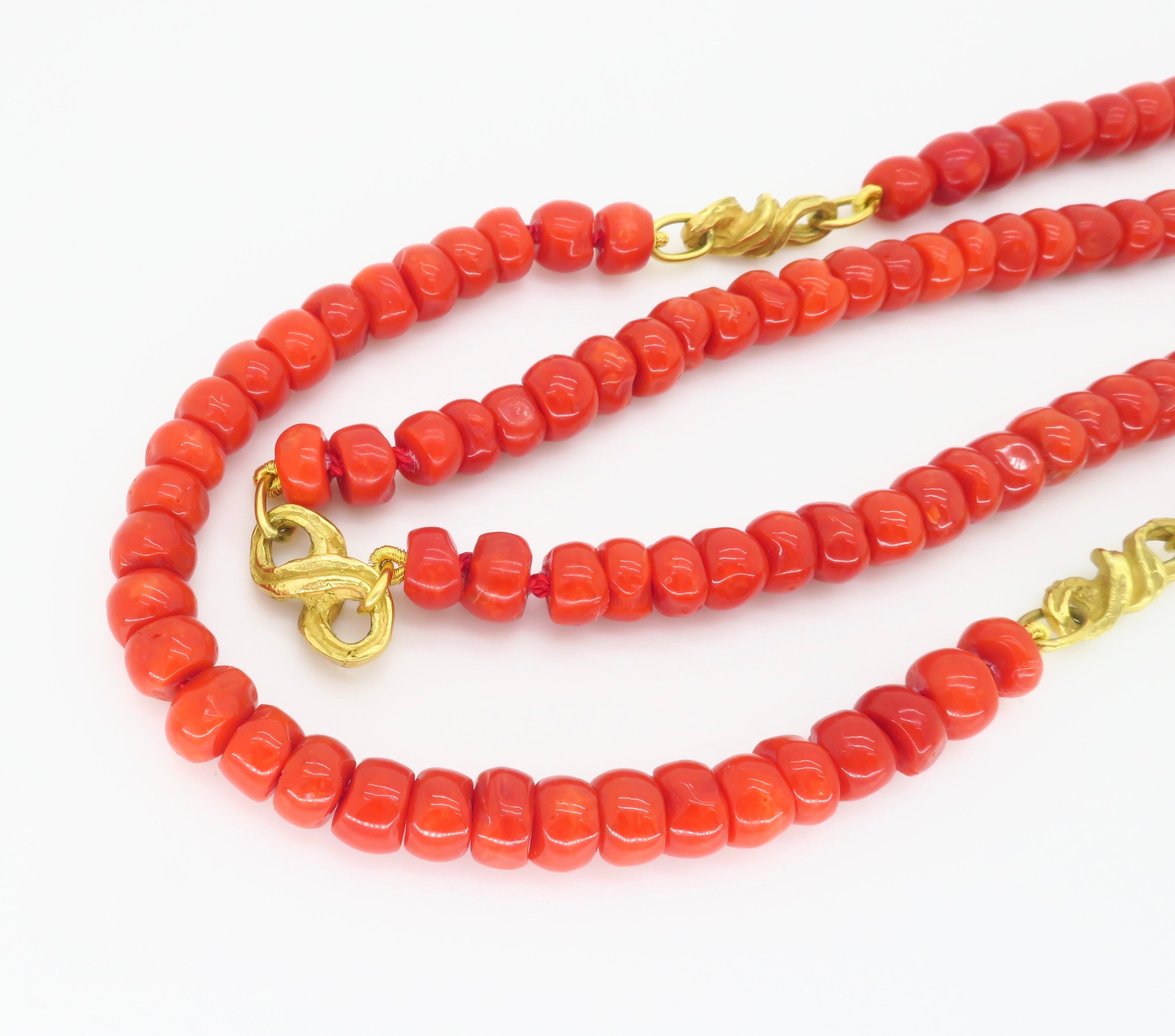 Bead GIA Certified Red Coral Double Strand Necklace with 18k Yellow Gold For Sale