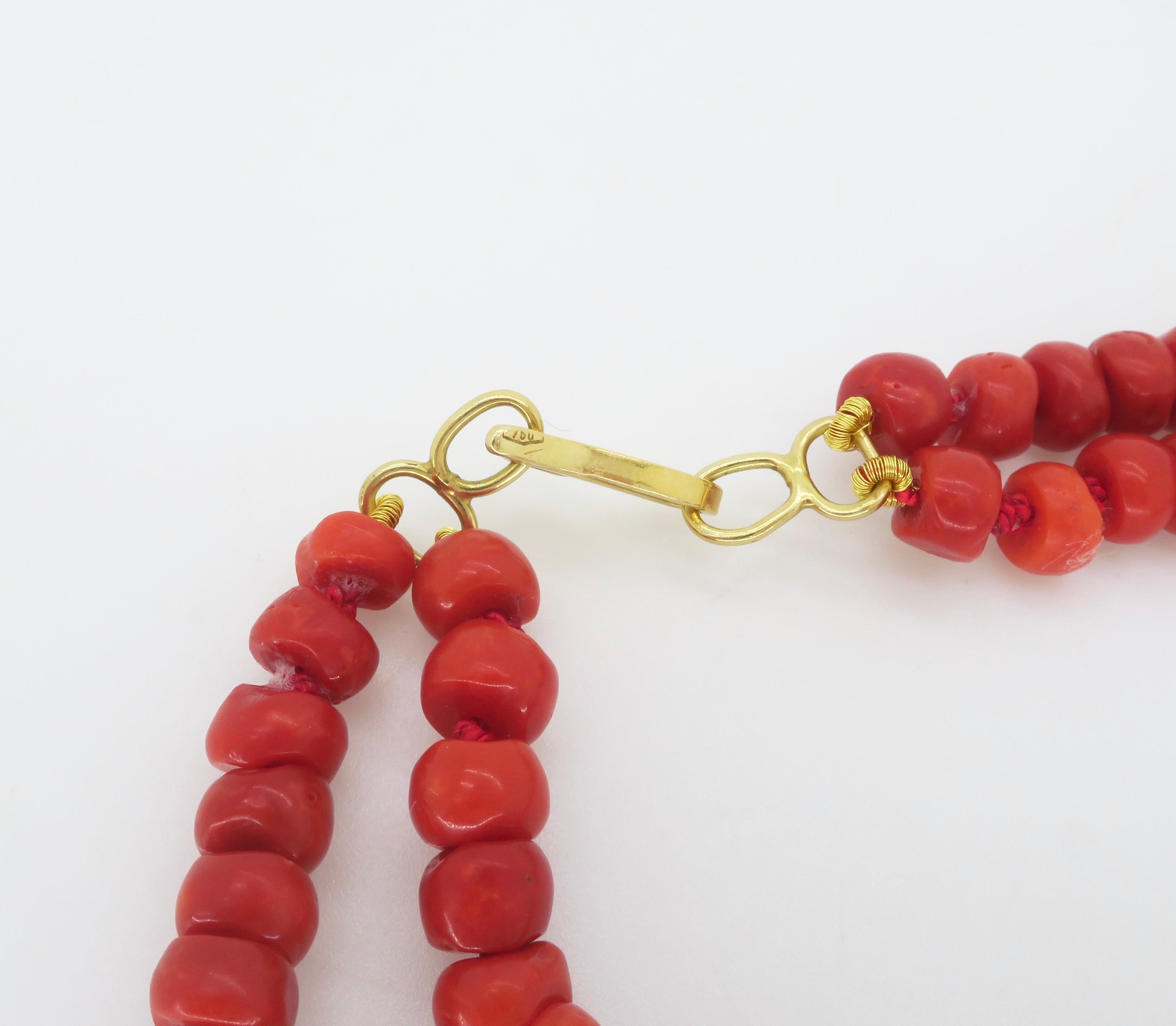 GIA Certified Red Coral Double Strand Necklace with 18k Yellow Gold In Excellent Condition For Sale In Webster, NY